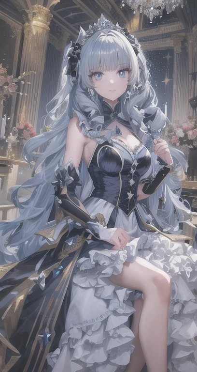 dramatic composition, Court-style dress, royal, nice, カスケードFrills, Frills, bow, crystal chandelier, Roman Curly Hairstyles, to place, double ponytail like a drill, Looking at the camera, bangs, maximalism, Palace-like background, Delicate depiction of hair and eyes, Princess Dress, nice skirts, flowers in hand, smile, Starry Eyes, Cinematic Light, Extremely detailed, High resolution, happy girl, Very long hair, diamond, broken diamond, Crystal Fragment, Particles of light