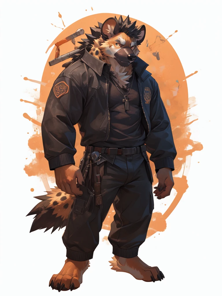 score_9, score_8_up, score_7_up, score_6_up, best quality, intricate details, (solo:1.5), furry,kemono, anthro, male, hyena,hyena ears, hyena tail, brown fur,yellow eyes, looking at viewer, smirk, frown, ear piercing, notched ear, backwards hat,backwards baseball cap, collarbone, collar,spiked collar, techwear,streetwear,yellow jacket,open jacket,black shirt, (bondage pants:1.35), hands in pockets, messenger bag, sneakers,red sneakers, standing, white background,