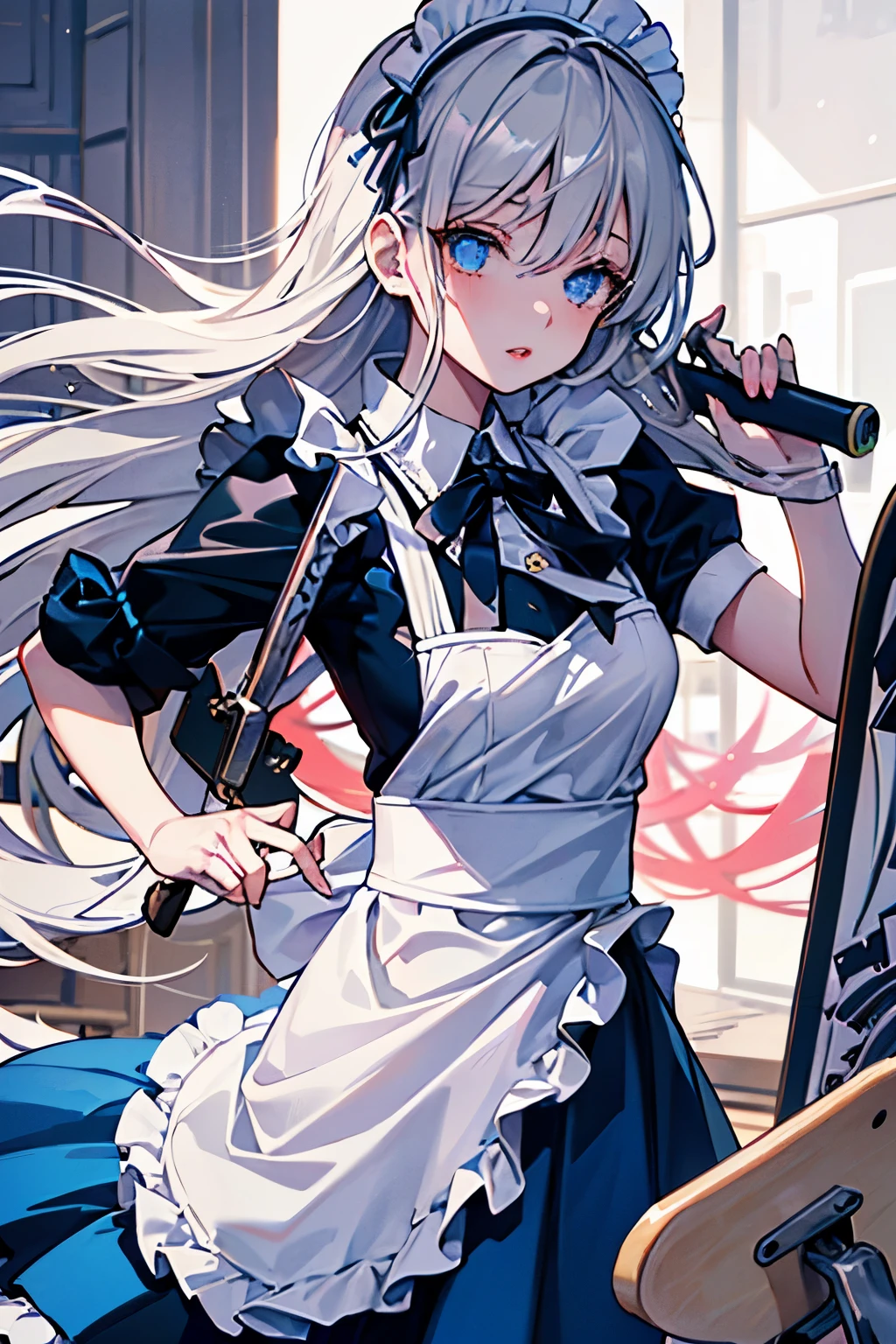 (a girl with) beautiful detailed eyes,beautiful detailed lips,extremely detailed eyes and face,long eyelashes,maid,((yandere)),blue(main color),(crowbar),(((long and flowing) skirt))),skateboard