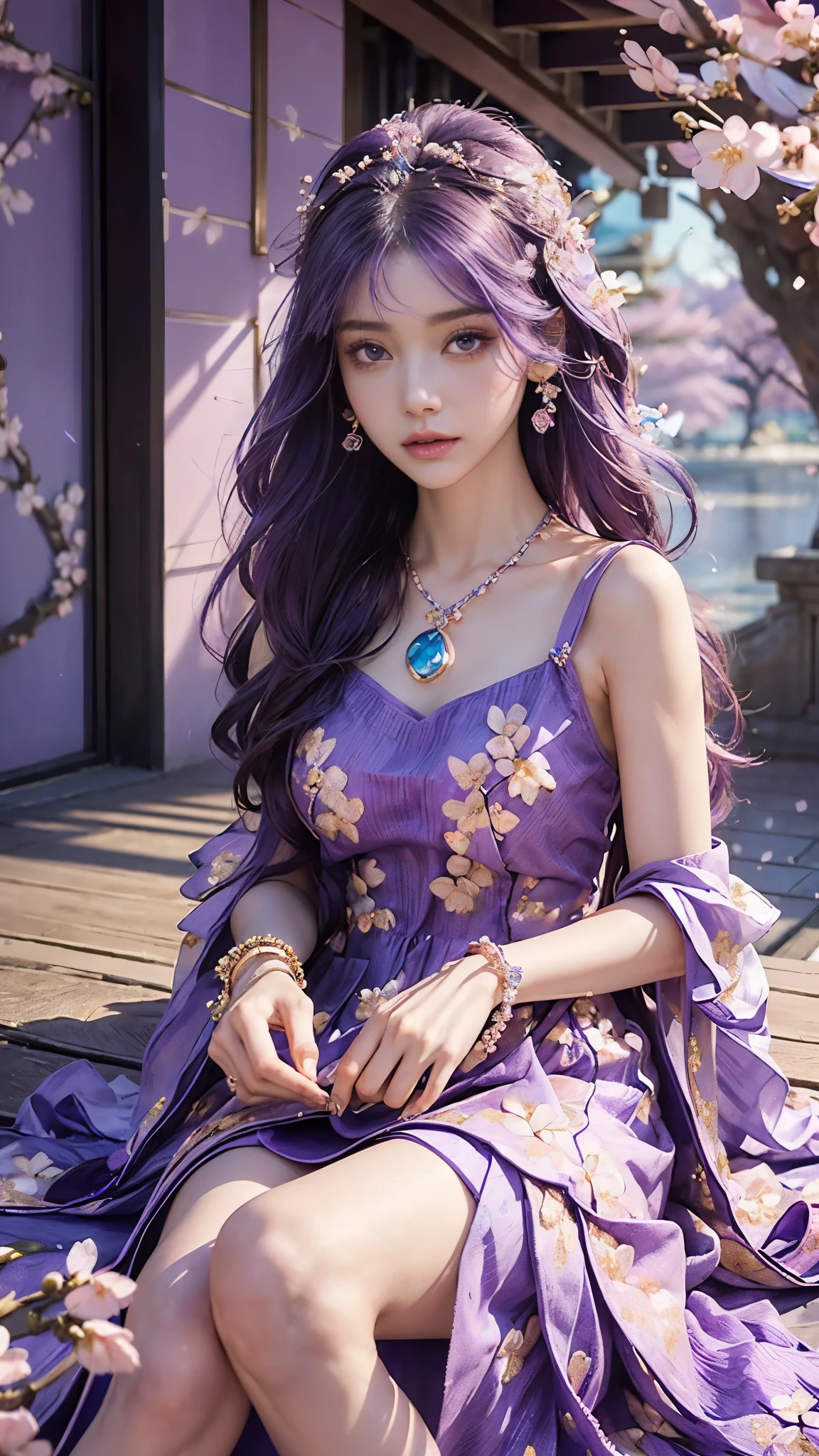 4K, Ultra HD, Masterpiece, 1 girl, good face, detailed eyes, very long hair, princess dress, blue dress, (wearing jwellery:1.8), (cherry blossom:1.5), (bloom effect:1.5), Detailed Fantasy Art, Stunning Character Art, beautiful Exquisite Character Art, Beautiful (purple dress:1.5), Extremely Detailed, Exquisite Intricate Headdress and Jewellery, perfect body, sitting,