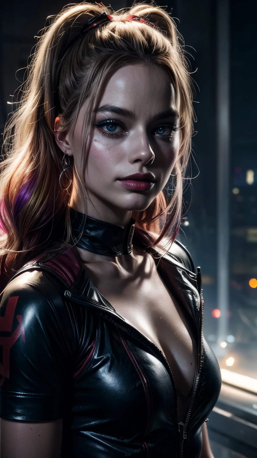 Harley Quinn\, (Margot Robbie\), Portrait of Margot Robbie with Harley Quinn clown makeup, wearing a closed black and red clown suit, harley quinn style, Her face is illuminated by neon lights, She looks like Harley Quinn , violet color, He is standing, Model photography style.
Ray tracing, Super realistic photographic cinematic image 8K ULTRA HD HDR, magical photography, super detailed, (ultra detailed), (top quality, best quality, super high quality image, masterpiece), standard lens, dramatic lighting, 8k, UHD, intricate detail, (gradients), comprehensive cinematic, colorful, visual key, highly detailed, extreme detailed, hyper-realistic, (very detailed background, detailed landscape), delicate details, raw image, dslr,