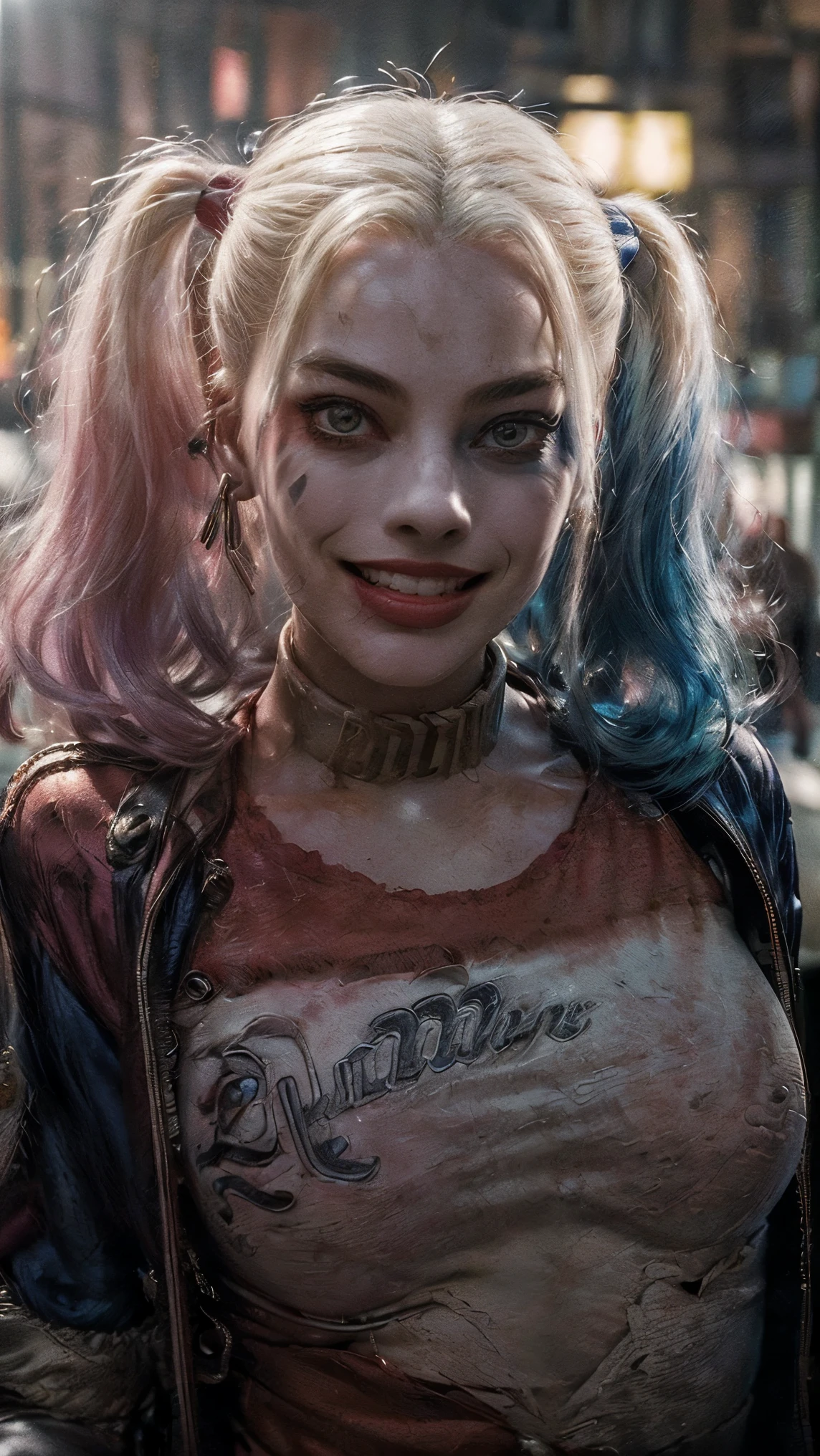 Harley Quinn\, (Margot Robbie\), Portrait of Margot Robbie with Harley Quinn clown makeup, wearing a closed black and red clown suit, harley quinn style, Her face is illuminated by neon lights, She looks like Harley Quinn, ((beautiful face, detailed face, clean face, perfect smile, perfect features, seductress, tempting, smug face, light smile)), ((perfect teeth, detailed teeth)), ((detailed iris, deep eyes, radiant eyes, beautiful and clear eyes, detailed eyes:1.2)), ((sexy figure, perfect figure, vibrant, perfect anatomy, perfect proportions)), ((muscular sexy:1.2)), ((shiny skin, clean skin, skin clarity)), (((perfect ears))), violet color, He is standing, Model photography style. Ray tracing, Super realistic photographic cinematic image 8K ULTRA HD HDR, magical photography, super detailed, (ultra detailed), (top quality, best quality, super high quality image, masterpiece), standard lens, dramatic lighting, 8k, UHD, intricate detail, (gradients), comprehensive cinematic, colorful, visual key, highly detailed, extreme detailed, hyper-realistic, (very detailed background, detailed landscape), delicate details, raw image, dslr,harleyquinn