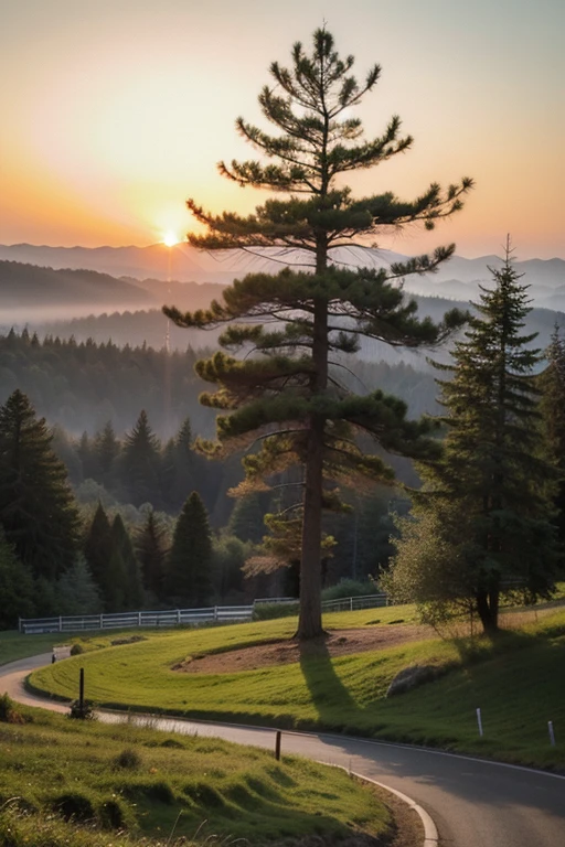 landscape painting，Sunrise in the east，There are pine trees，Strong wind