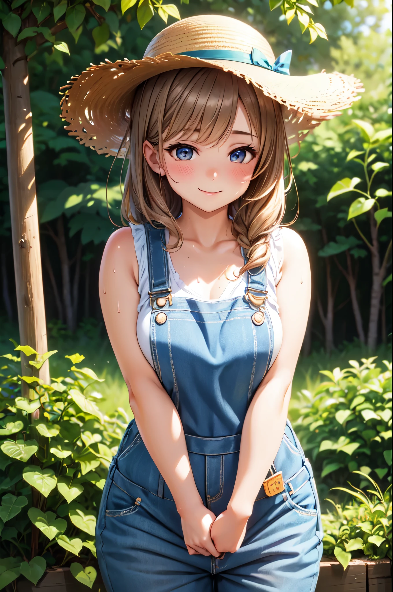 (High quality, High resolution, Fine details), lush greenery, posh background, summer vibes, overalls, straw hats, solo, curvy women, light brown hair, sparkling eyes, (Detailed eyes:1.2), smile, blush, Sweat, Oily skin, Soft tones, shallow depth of field, professional lighting