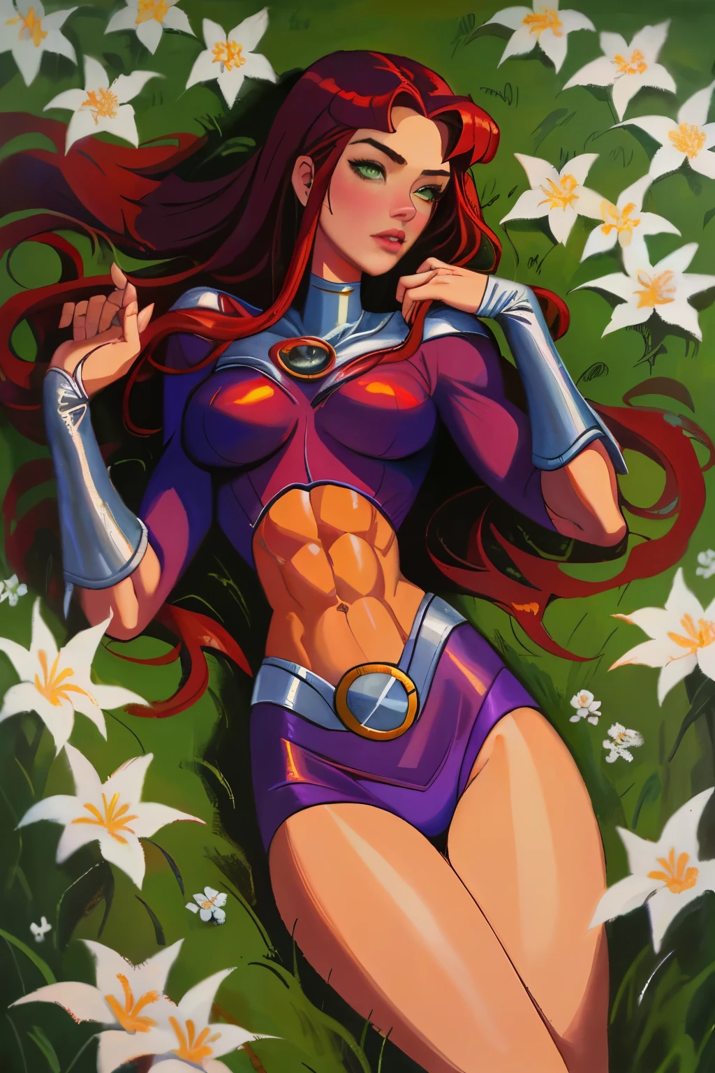 (oil painting:1.1), ((amber heard)), ((starfire)), dc comics, red hair, (orange skin), a woman with long orange hair and white flowers in her hair is laying down in a field of white flowers, (a detailed painting:0.353), (gothic art:0.106), slendered abs, beautiful details