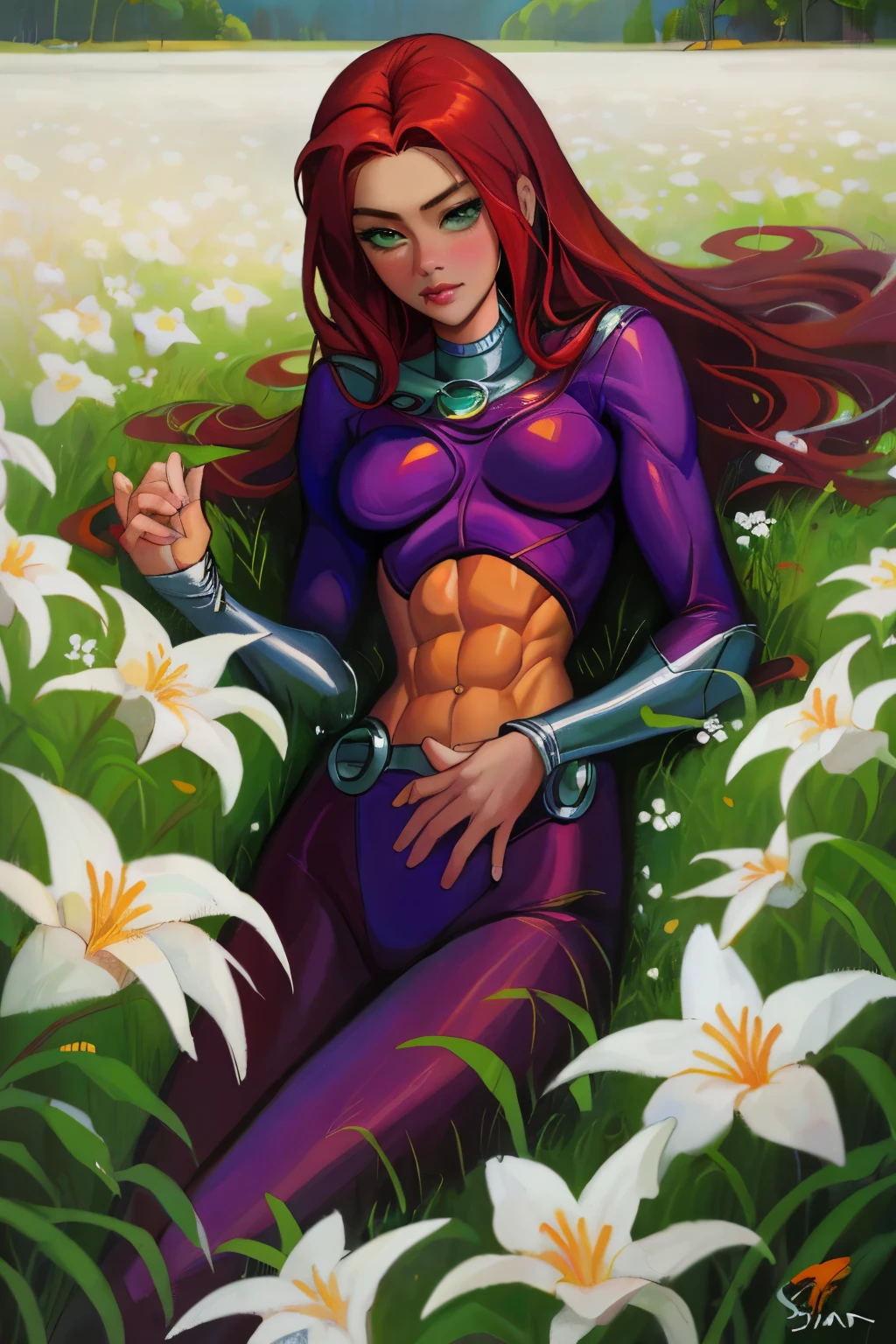 (oil painting:1.1), ((amber heard)), ((starfire)), dc comics, red hair, (orange skin), a woman with long orange hair and white flowers in her hair is laying down in a field of white flowers, (a detailed painting:0.353), (gothic art:0.106), slendered abs, beautiful details