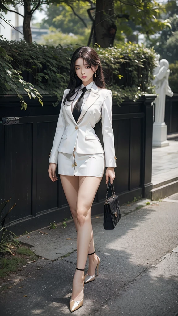 woman, (สาวสวยTwo meter long hair, very long hair, Extra long hair, long black hair), (Italian style suit, white, Two button suit), (Italian Suit, white suit, two-button suti), (ใส่สูทwoman, Business woman's suit, white), (ชุดสูทwomanwhite), (เสื้อเชิ้ตwhite), necktie, (necktieสั้นสีดำ, necktieสีดำ, The Skinny Necktie, Knit tie), (Military rank insignia), (short pencil skirtwhite), (dynamic post), full body, (A gigantic rift), (Huge breasts, thin body, small waist, hips raised, small thighs, Long legs), black high heels, (short pencil skirt, white), Wearing a suit for a business woman, (Wearing a white business suit, สูทนักธุรกิจหญิงwhite), (tight, military regalia, เสื้อwhite, กระโปรงwhite), (black shoes), (Two-button gold-colored suit buttons, Two meter long hair, Form-fitting suit, เสื้อสูทwhiteทรงธรรมดารัดรูป), (black high heels, Black pointed toe high heels), (stand, walk, Graceful posture, dynamic post), short suit, earring, garden, Democracy Monument