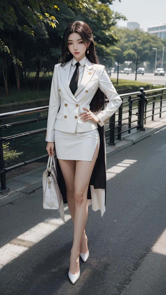 woman, (สาวสวยTwo meter long hair, very long hair, Extra long hair, long black hair), (Italian style suit, white, Two button suit), (Italian Suit, white suit, two-button suti), (ใส่สูทwoman, Business woman&#39;s suit, white), (ชุดสูทwomanwhite), (เสื้อเชิ้ตwhite), necktie, (necktieสั้นสีดำ, necktieสีดำ, The Skinny Necktie, Knit tie), (Military rank insignia), (short pencil skirtwhite), (dynamic post), full body, (A gigantic rift), (Huge breasts, thin body, small waist, hips raised, small thighs, Long legs), black high heels, (short pencil skirt, white), Wearing a suit for a business woman, (Wearing a white business suit, สูทนักธุรกิจหญิงwhite), (tight, military regalia, เสื้อwhite, กระโปรงwhite), (black shoes), (Two-button gold-colored suit buttons, Two meter long hair, Form-fitting suit, เสื้อสูทwhiteทรงธรรมดารัดรูป), (black high heels, Black pointed toe high heels), (stand, walk, Graceful posture, dynamic post), short suit, earring, garden, Democracy Monument