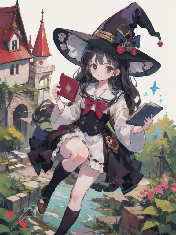 Witches school garden with tall tower。Close-up of the face of a sorceress about 18 years old.。smiling。Holding a book。Dark Burgundy Wavy Hair。Witch dress with beautiful ruffles and embellishments。The Big Witch's Hat。socks above the knee。Brick road leads to magical brick school building.。Near and Far Law。blue open sky。Dynamic composition with depth。Extremely high quality、High image quality、Incredibly delicate drawing。Rarely found workmanship