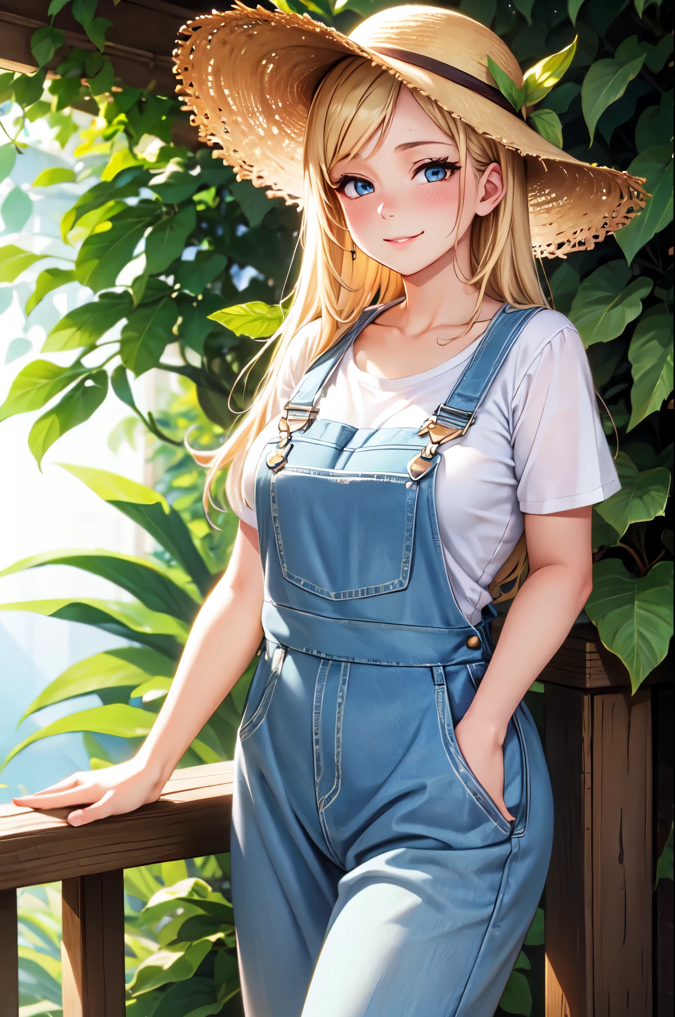 (High quality, High resolution, Fine details), lush greenery, posh background, summer vibes, (overalls), white shirt, straw hats, solo, curvy women, blond hair, sparkling eyes, (Detailed eyes:1.2), smile, blush, Sweat, Oily skin, Soft tones, shallow depth of field, professional lighting