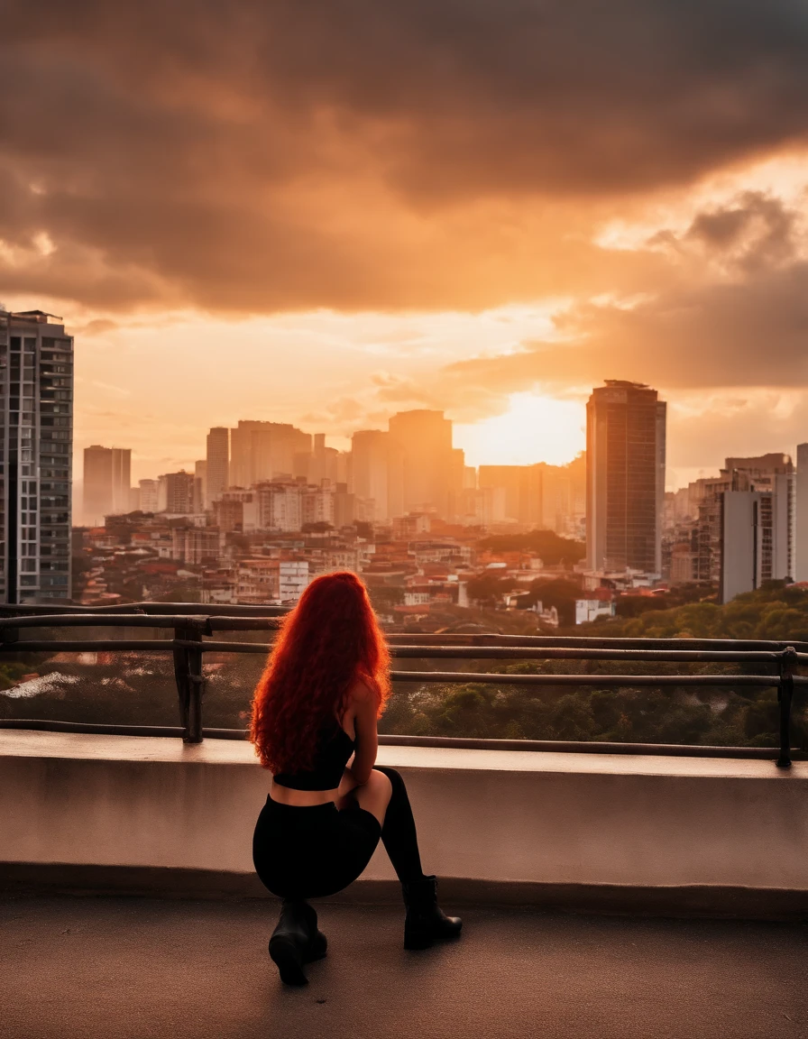 ((best illustration)) Brazilian girl, red hair, teenage body, black top, black tight skirt, black boot, urban landscape, building, skyline, sunset, silhouette against the clouds, contemplative.
