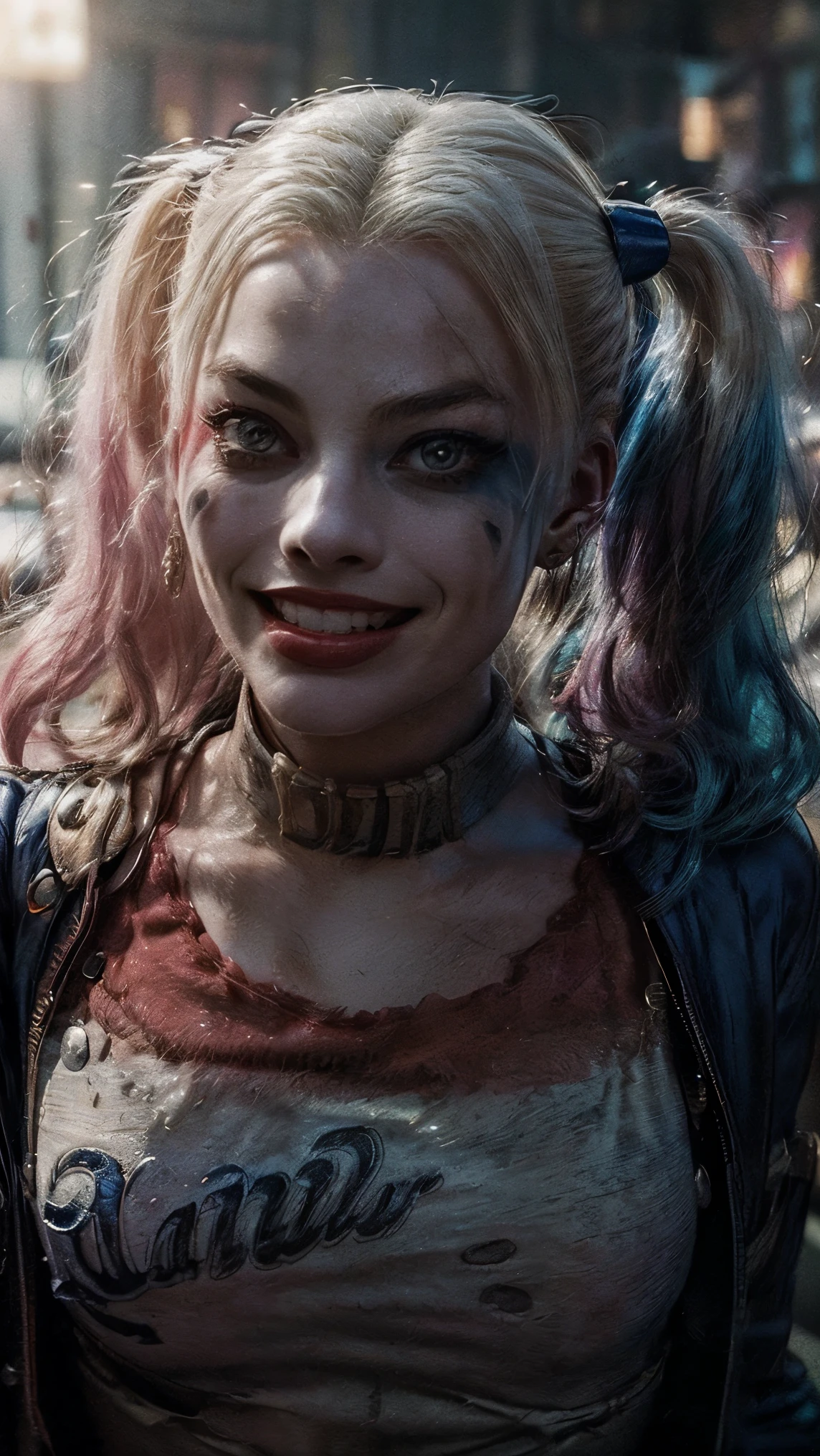 Harley Quinn\, (Margot Robbie\), Portrait of Margot Robbie with Harley Quinn clown makeup, wearing a closed black and red clown suit, harley quinn style, Her face is illuminated by neon lights, She looks like Harley Quinn, ((beautiful face, detailed face, clean face, perfect smile, perfect features, seductress, tempting, smug face, light smile)), ((perfect teeth, detailed teeth)), ((detailed iris, deep eyes, radiant eyes, beautiful and clear eyes, detailed eyes:1.2)), ((sexy figure, perfect figure, vibrant, perfect anatomy, perfect proportions)), ((muscular sexy:1.2)), ((shiny skin, clean skin, skin clarity)), (((perfect ears))), violet color, He is standing, Model photography style. Ray tracing, Super realistic photographic cinematic image 8K ULTRA HD HDR, magical photography, super detailed, (ultra detailed), (top quality, best quality, super high quality image, masterpiece), standard lens, dramatic lighting, 8k, UHD, intricate detail, (gradients), comprehensive cinematic, colorful, visual key, highly detailed, extreme detailed, hyper-realistic, (very detailed background, detailed landscape), delicate details, raw image, dslr,harleyquinn