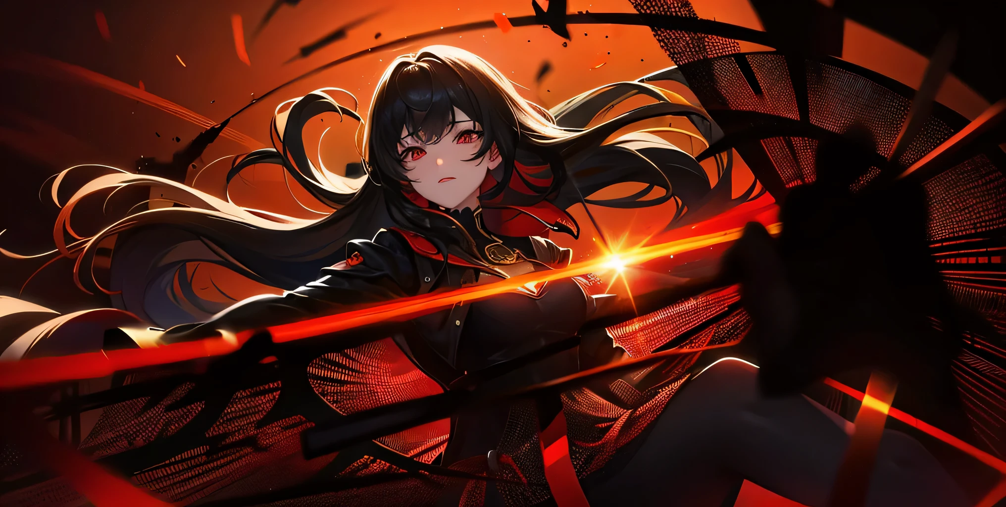 Eye patch on one eye,Cartoon of a woman wearing a black coat and black trousers,, Inspired by Le Chevalier, anime, Moe, Art Style, Cytus and Deemo Style, anime風キャラクター,One Girl,((Right eye normal,Eyepatch on left eye,black eye,Scars on face,Hold a book in one hand,Shoots a powerful pillar of fire magic from one hand.,Long black hair,Aggressive face,Very strong))
