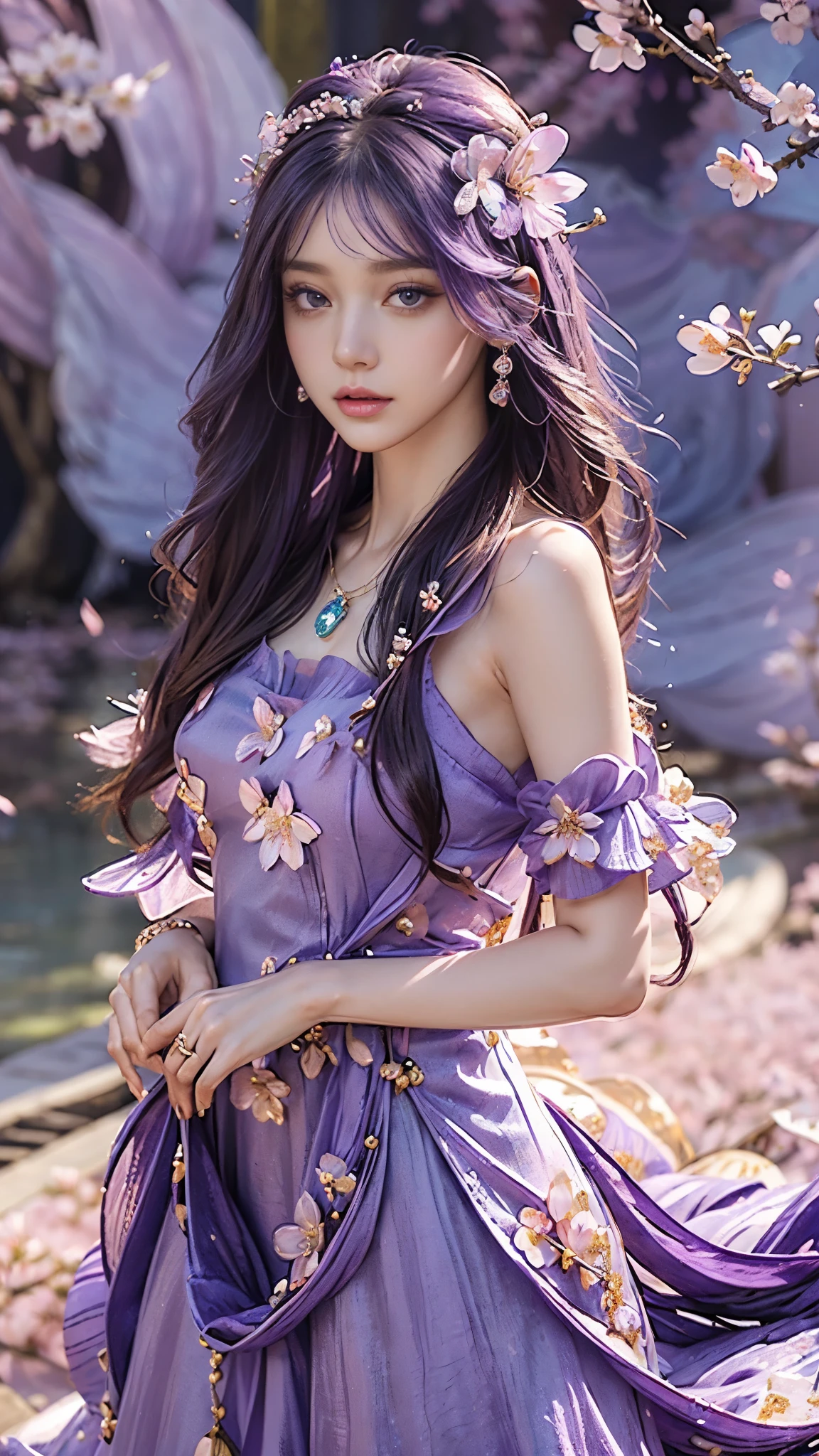 4K, Ultra HD, Masterpiece, 1 girl, (good face:1.4), detailed eyes, very long hair, princess dress, blue dress, (wearing jwellery:1.8), (cherry blossom:1.5), (bloom effect:1.5), Detailed Fantasy Art, Stunning Character Art, beautiful Exquisite Character Art, Beautiful (purple dress:1.5), Extremely Detailed, Exquisite Intricate Headdress and Jewellery, perfect body,