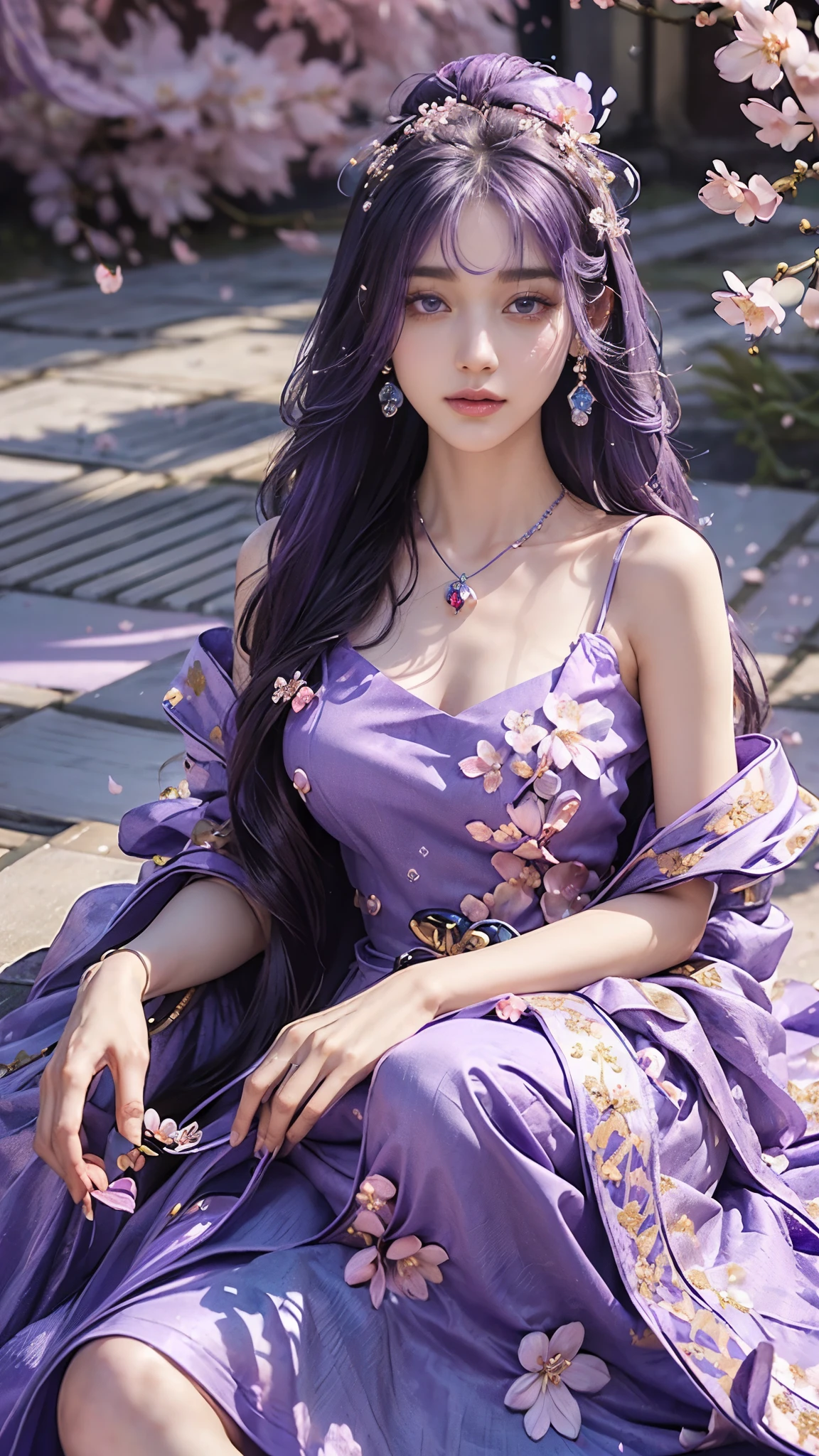 4K, Ultra HD, Masterpiece, 1 girl, (good face:1.4), detailed eyes, very long hair, princess dress, blue dress, (wearing jwellery:1.8), (cherry blossom:1.5), (bloom effect:1.5), Detailed Fantasy Art, Stunning Character Art, beautiful Exquisite Character Art, Beautiful (purple dress:1.5), Extremely Detailed, Exquisite Intricate Headdress and Jewellery, perfect body,