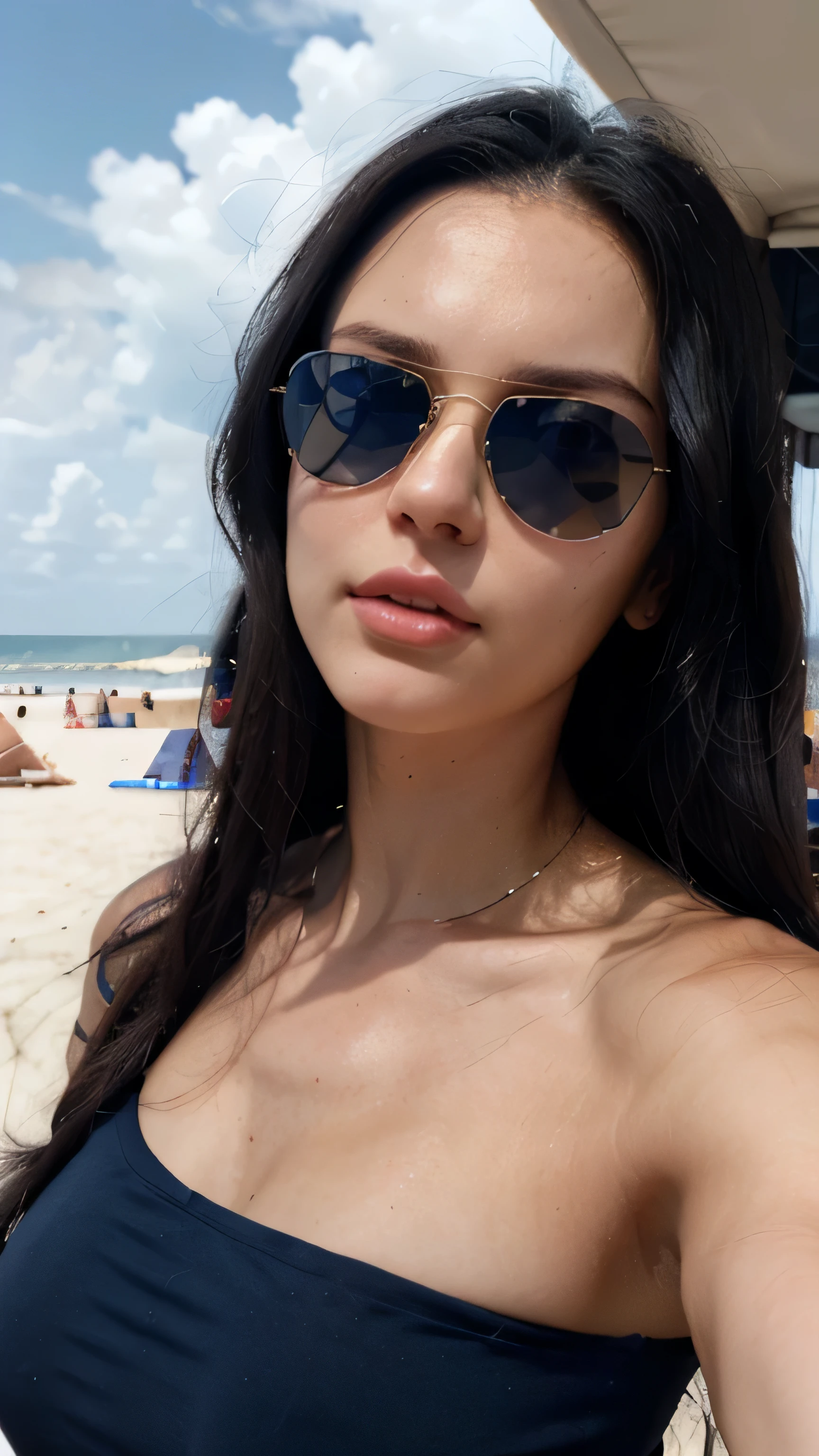 Woman with long natural black hair, (Hultra detailed skin, best quality), perfect face, (dark blue Men's formal T-shirt), (mirrored aviator sunglasses), Natural makeup, (traits similar to those of lana rhoades), perfect selfie, perfect skin, closeup, on the beach