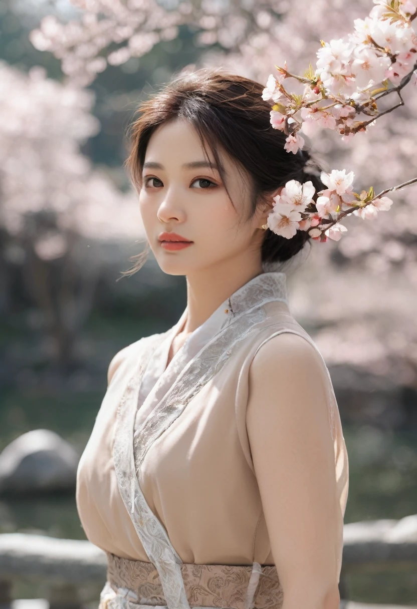 ((Best quality)), ((masterpiece)), ((realistic)), Girl with flawless beauty standing in a serene Japanese garden with cherry blossoms on eye level, scenic, masterpiece, (highres), original, extremely detailed 8K , (photorealistic:1.4),flawless face, perfect eyes,symmetrica body shape,smile,