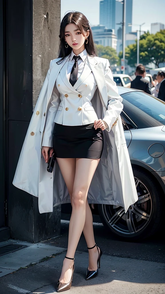 woman, (สาวสวยTwo meter long hair, very long hair, Extra long hair, long black hair), (Italian style suit, white, Two button suit), (Italian Suit, white suit, two-button suti), (ใส่สูทwoman, Business woman's suit, white), (ชุดสูทwomanwhite), (เสื้อเชิ้ตwhite), necktie, (necktieสั้นสีดำ, necktieสีดำ, The Skinny Necktie, Knit tie), (Military rank insignia), (short pencil skirtwhite), (dynamic post), full body, (A gigantic rift), (Huge breasts, thin body, small waist, hips raised, small thighs, Long legs), black high heels, (short pencil skirt, white), Wearing a suit for a business woman, (Wearing a white business suit, สูทนักธุรกิจหญิงwhite), (tight, military regalia, เสื้อwhite, กระโปรงwhite), (black shoes), (Two-button gold-colored suit buttons, Two meter long hair, Form-fitting suit, เสื้อสูทwhiteทรงธรรมดารัดรูป), (black high heels, Black pointed toe high heels), (stand, walk, Graceful posture, dynamic post), short suit, earring, garden, Democracy Monument
