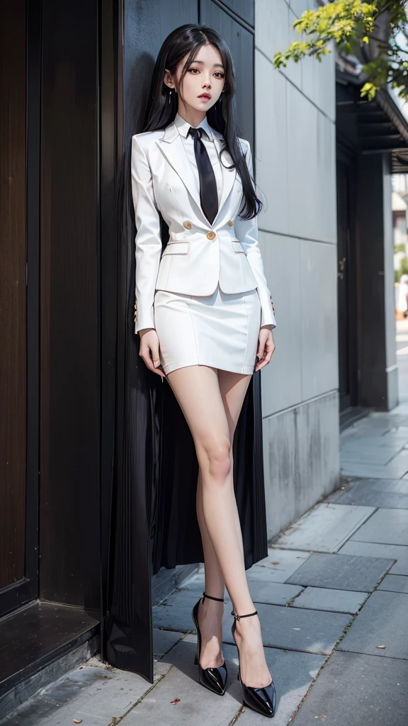 woman, (สาวสวยTwo meter long hair, very long hair, Extra long hair, long black hair), (Italian style suit, white, Two button suit), (Italian Suit, white suit, two-button suti), (ใส่สูทwoman, Business woman&#39;s suit, white), (ชุดสูทwomanwhite), (เสื้อเชิ้ตwhite), necktie, (necktieสั้นสีดำ, necktieสีดำ, The Skinny Necktie, Knit tie), (Military rank insignia), (short pencil skirtwhite), (dynamic post), full body, (A gigantic rift), (Huge breasts, thin body, small waist, hips raised, small thighs, Long legs), black high heels, (short pencil skirt, white), Wearing a suit for a business woman, (Wearing a white business suit, สูทนักธุรกิจหญิงwhite), (tight, military regalia, เสื้อwhite, กระโปรงwhite), (black shoes), (Two-button gold-colored suit buttons, Two meter long hair, Form-fitting suit, เสื้อสูทwhiteทรงธรรมดารัดรูป), (black high heels, Black pointed toe high heels), (stand, walk, Graceful posture, dynamic post), short suit, earring, garden, Democracy Monument