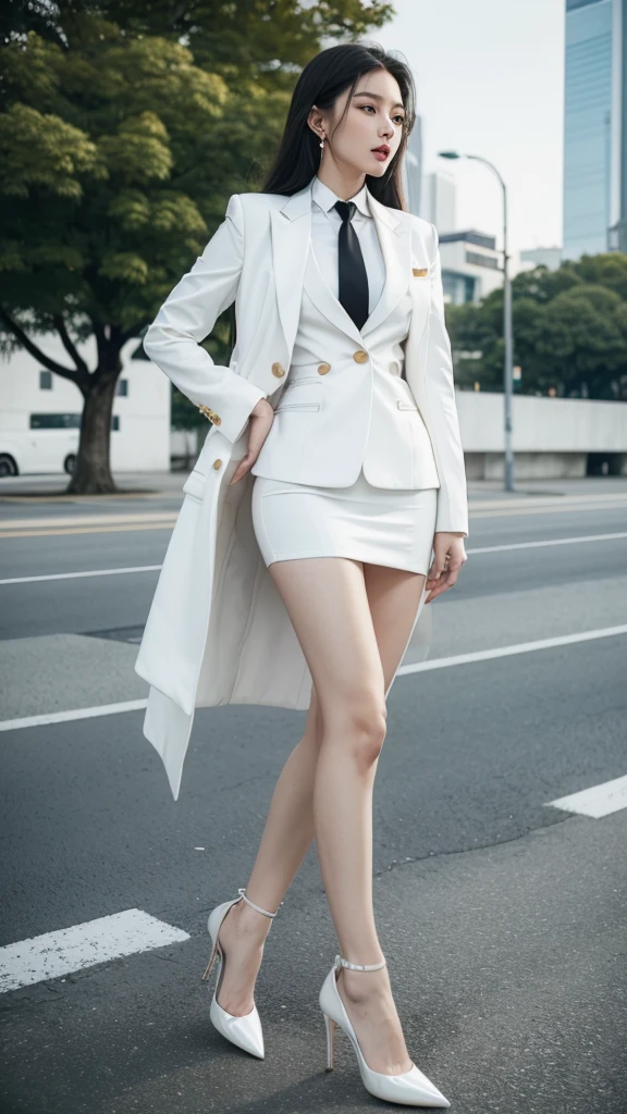 woman, (สาวสวยTwo meter long hair, very long hair, Extra long hair, long black hair), (Italian style suit, white, Two button suit), (Italian Suit, white suit, two-button suti), (ใส่สูทwoman, Business woman&#39;s suit, white), (ชุดสูทwomanwhite), (เสื้อเชิ้ตwhite), necktie, (necktieสั้นสีดำ, necktieสีดำ, The Skinny Necktie, Knit tie), (Military rank insignia), (short pencil skirtwhite), (dynamic post), full body, (A gigantic rift), (Huge breasts, thin body, small waist, hips raised, small thighs, Long legs), black high heels, (short pencil skirt, white), Wearing a suit for a business woman, (Wearing a white business suit, สูทนักธุรกิจหญิงwhite), (tight, military regalia, เสื้อwhite, กระโปรงwhite), (black shoes), (Two-button gold-colored suit buttons, Two meter long hair, Form-fitting suit, เสื้อสูทwhiteทรงธรรมดารัดรูป), (black high heels, Black pointed toe high heels), (stand, walk, Graceful posture, dynamic post), short suit, earring, garden, Democracy Monument