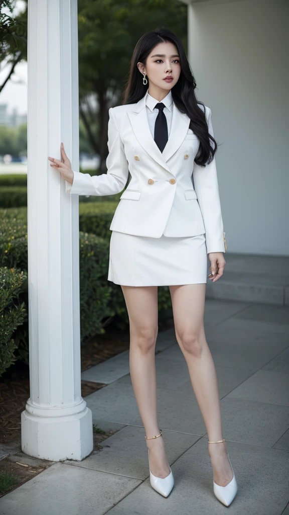 woman, (สาวสวยTwo meter long hair, very long hair, Extra long hair, long black hair), (Italian style suit, white, Two button suit), (Italian Suit, white suit, two-button suti), (ใส่สูทwoman, Business woman's suit, white), (ชุดสูทwomanwhite), (เสื้อเชิ้ตwhite), necktie, (necktieสั้นสีดำ, necktieสีดำ, The Skinny Necktie, Knit tie), (Military rank insignia), (short pencil skirtwhite), (dynamic post), full body, (A gigantic rift), (Huge breasts, thin body, small waist, hips raised, small thighs, Long legs), black high heels, (short pencil skirt, white), Wearing a suit for a business woman, (Wearing a white business suit, สูทนักธุรกิจหญิงwhite), (tight, military regalia, เสื้อwhite, กระโปรงwhite), (black shoes), (Two-button gold-colored suit buttons, Two meter long hair, Form-fitting suit, เสื้อสูทwhiteทรงธรรมดารัดรูป), (black high heels, Black pointed toe high heels), (stand, walk, Graceful posture, dynamic post), short suit, earring, garden, Democracy Monument
