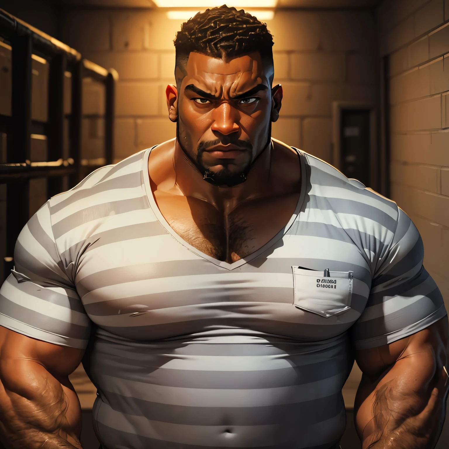 an exaggeratedly muscular and large bodyguard, seen from behind, beefy build, beard, dark-skinned african american male, buzzcut hair with square line, (worried expression: 1.2), (wearing striped grey prison shirt: 1.2), barely buttoned, school logo on shirt, (bara pecs: 1.3), (arm and chest hair: 1.1), portrait HD, dutch angle, (dirty prison hallway)