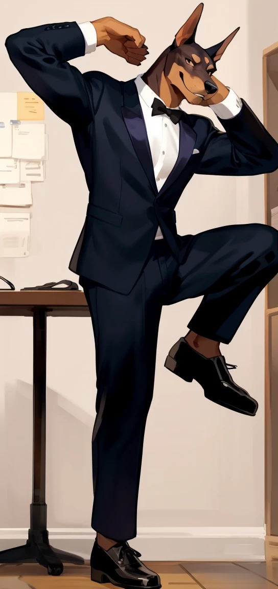 By bebebebebe, by buta99, by chunie, solo, male, canine, dobermann, (muscular), tall, smirking, suit, short hair, (snout), (long shot), full body portrait, lift one leg at viewer, well warn shoes, highly detailed dress shoes, stretching shoe sole at viewer's face, black  or darkblue socks, sitting on office chair