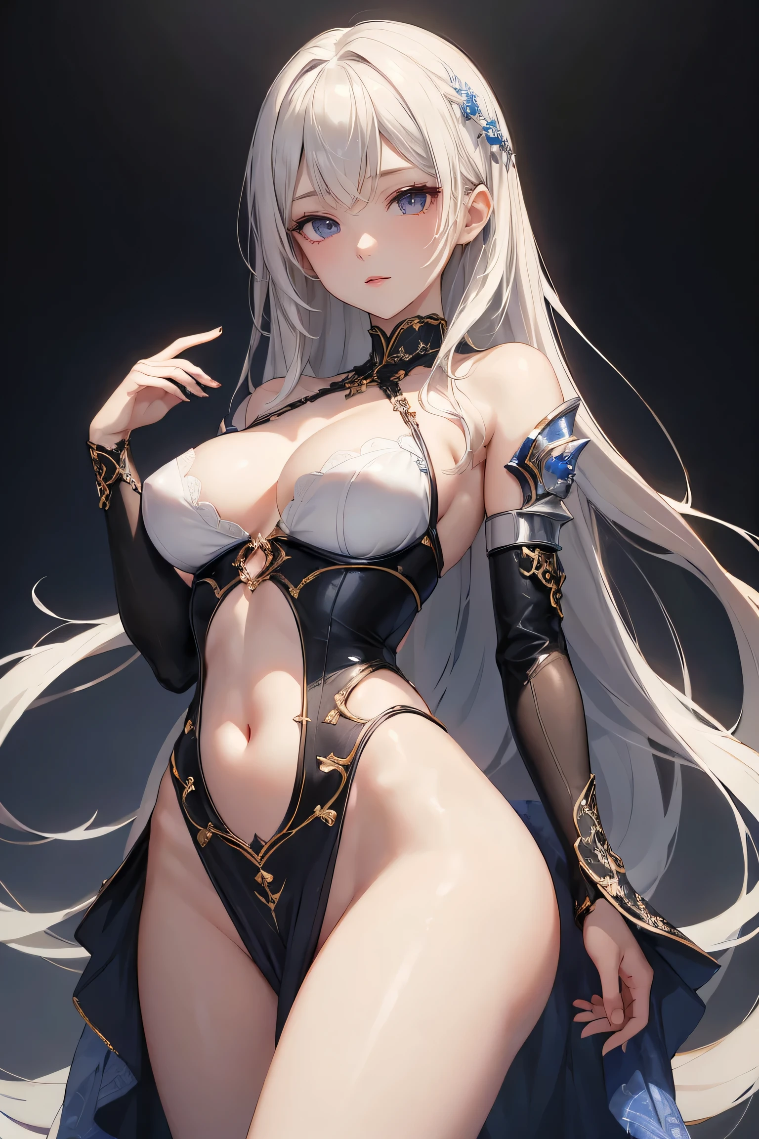 1girl, anime, cute girl, blank background, white background, fantasy, detailed fantasy dress with highlights, beautiful face, beautiful eyes, dark colors, black hair with multicolor streaks, red eye with different color pupil in eye, multicolor eye, medium small breasts (slightly big), slight cleavage, beautiful skin, cute, breast curtains, extremely delicate and beautiful, (beautiful detailed face:1.0), (detailed deep eyes), symmetrical breasts, deep eyes, shiny skin, portrait, slender waist, hips wider than shoulders, thighs, expressionless, young girl, luminous eyes, adorable,(Kpop idol),(aegyo sal:1),(Platinum blonde hair:1),((puffy eye)),Black panty,sexy posture,Superskirt, Ultra-high resolution,Black collar,slim figure, Abdominal y tattoo, womb tattoo,Tight-fitting leg ring,y tattoo on half-body,Bare skin, Armored hand,Hidden fingertips,Hand covered,Arm covered,Fist covered,{{beautiful detailed fingers}}, tufts of hair, moderate beautiful breast:1.0,(masterpiece:1.2), best quality, high-res, HDR, perfect face, intricate armor, delicate blue filigree, intricate filigree, red metalic parts, detailed part, dynamic pose, dynamic lights, cute face, neutral expression