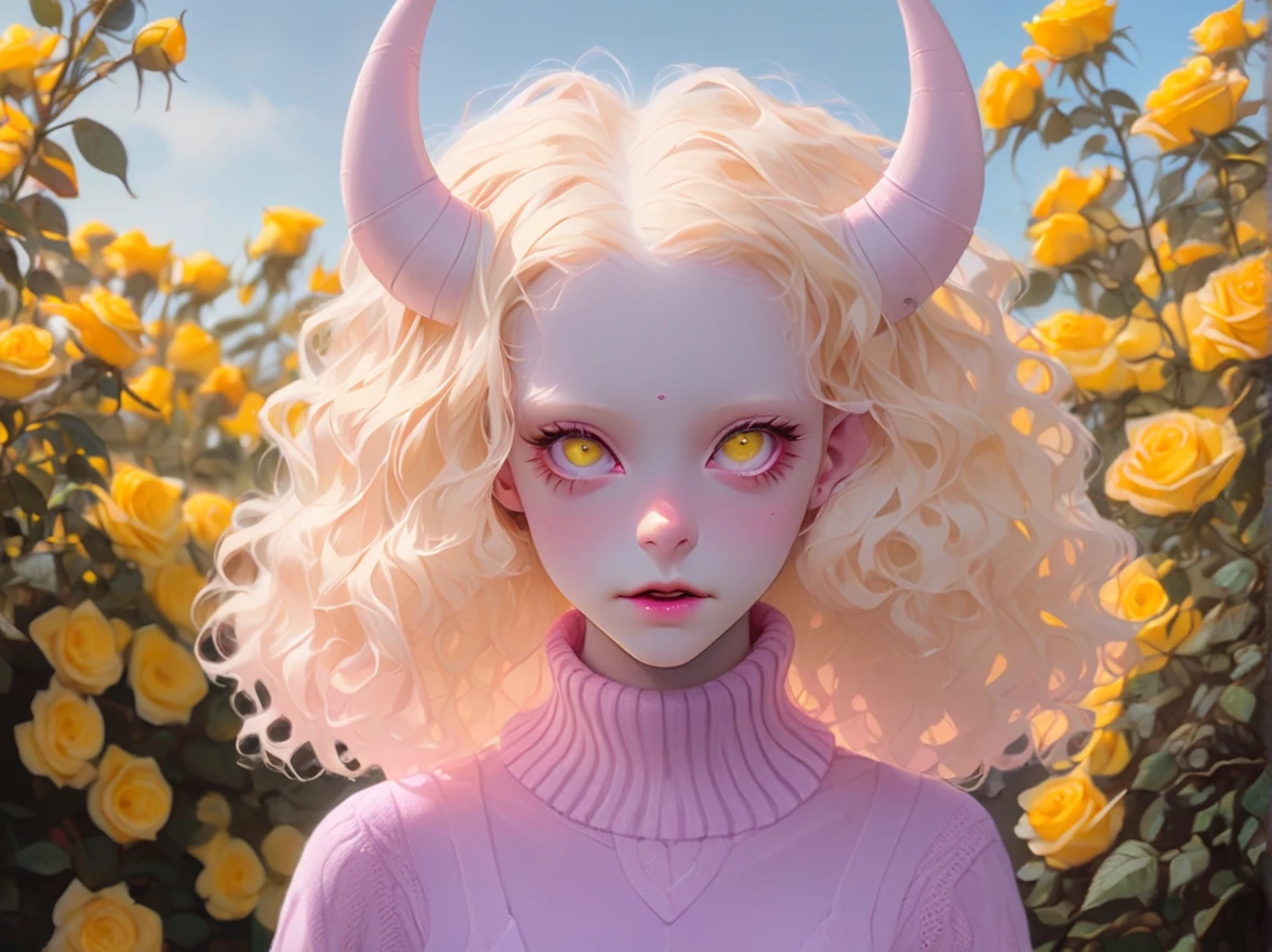 Albino demon girl standing, ((above the waist)), shot from afar, (big eyes, The eyes are tender and beautiful, beautiful and gentle face, full body detail), ( yellow curly hair:1.3) , Through the bushes of purple roses and the blue sky behind them., Pink turtleneck sweater with tulle skirt, Braces, chewing gum , wink ,(long and complex horns:1.2)