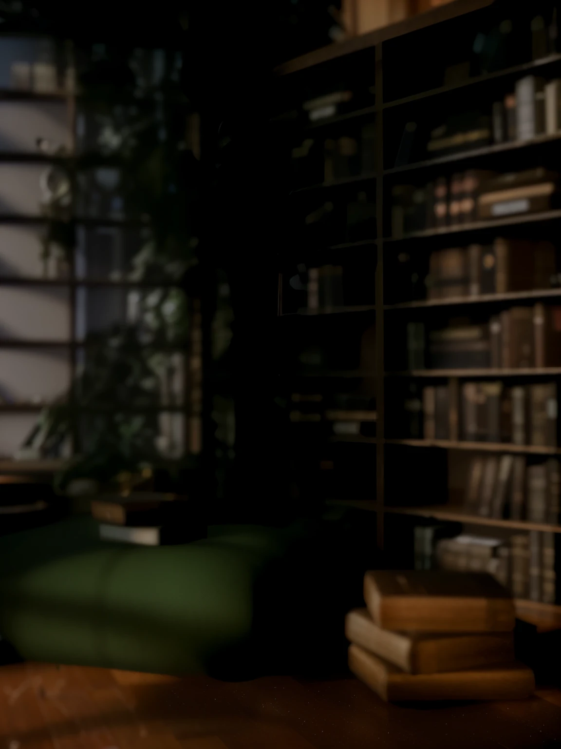 There is a cat sitting on a chair in the room, alchemist library background, library background, tilt shift library background, blurry background of the library, library interior background, gloomy library, dusty library, personal room background, magical library bokeh, in a gloomy library, some background blur, Realistic cinematic rendering, dark library, Detailed architectural visualization renderings, background = library