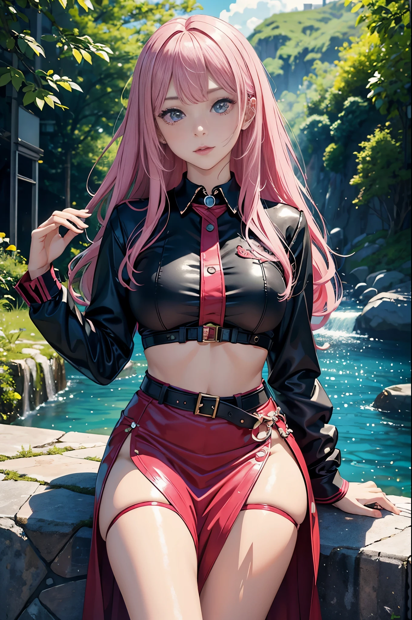 magenta tint、Bright colors、((masterpiece)))、(((top quality)))、((Super detailed))、(surreal)、(Very detailed CG illustrations)、official art、CD cover、This will be、midsummer、fashionable、The glorious 1980s、cruel beauty、cochetti gorgeous、gorgeous、Colorful hair、rock music、leather jacket、miniskirt、women only、perfect angle、Perfect composition、