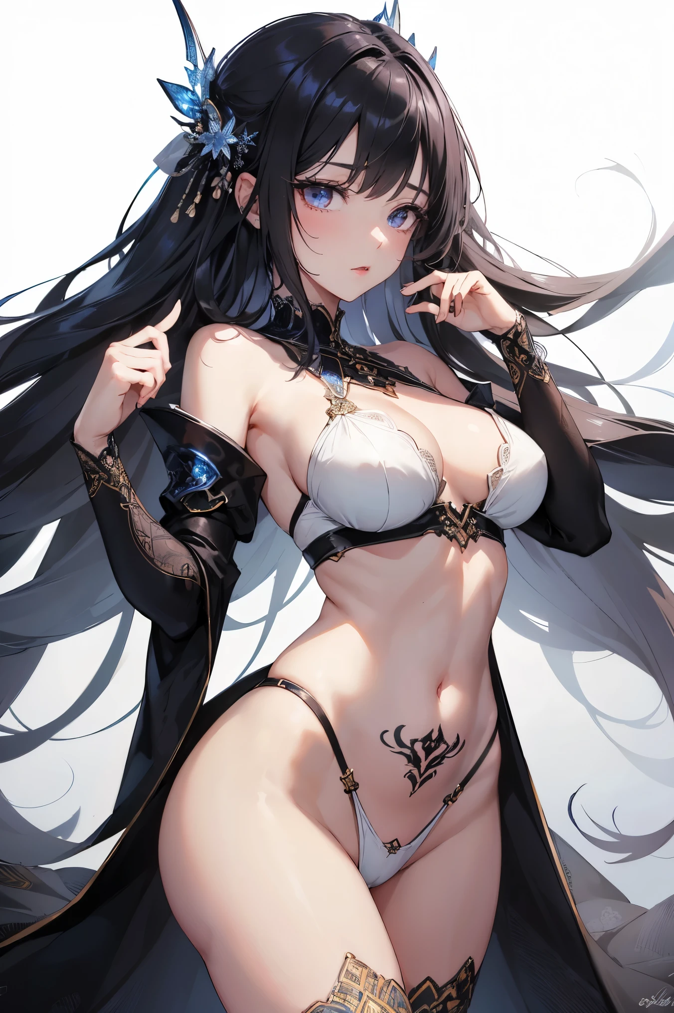 1girl, anime, cute girl, blank background, white background, fantasy, detailed fantasy dress with highlights, beautiful face, beautiful eyes, dark colors, black hair with multicolor streaks, red eye with different color pupil in eye, multicolor eye, medium small breasts (slightly big), slight cleavage, beautiful skin, cute, breast curtains, extremely delicate and beautiful, (beautiful detailed face:1.0), (detailed deep eyes), symmetrical breasts, deep eyes, shiny skin, portrait, slender waist, hips wider than shoulders, thighs, expressionless, young girl, luminous eyes, adorable,(Kpop idol),(aegyo sal:1),(Platinum blonde hair:1),((puffy eye)),Black panty,sexy posture,Superskirt, Ultra-high resolution,Black collar,slim figure, Abdominal y tattoo, womb tattoo,Tight-fitting leg ring,y tattoo on half-body,Bare skin, Armored hand,Hidden fingertips,Hand covered,Arm covered,Fist covered,{{beautiful detailed fingers}}, tufts of hair, moderate beautiful breast:1.0,(masterpiece:1.2), best quality, high-res, HDR, perfect face, intricate armor, delicate blue filigree, intricate filigree, red metalic parts, detailed part, dynamic pose, dynamic lights, cute face, neutral expression