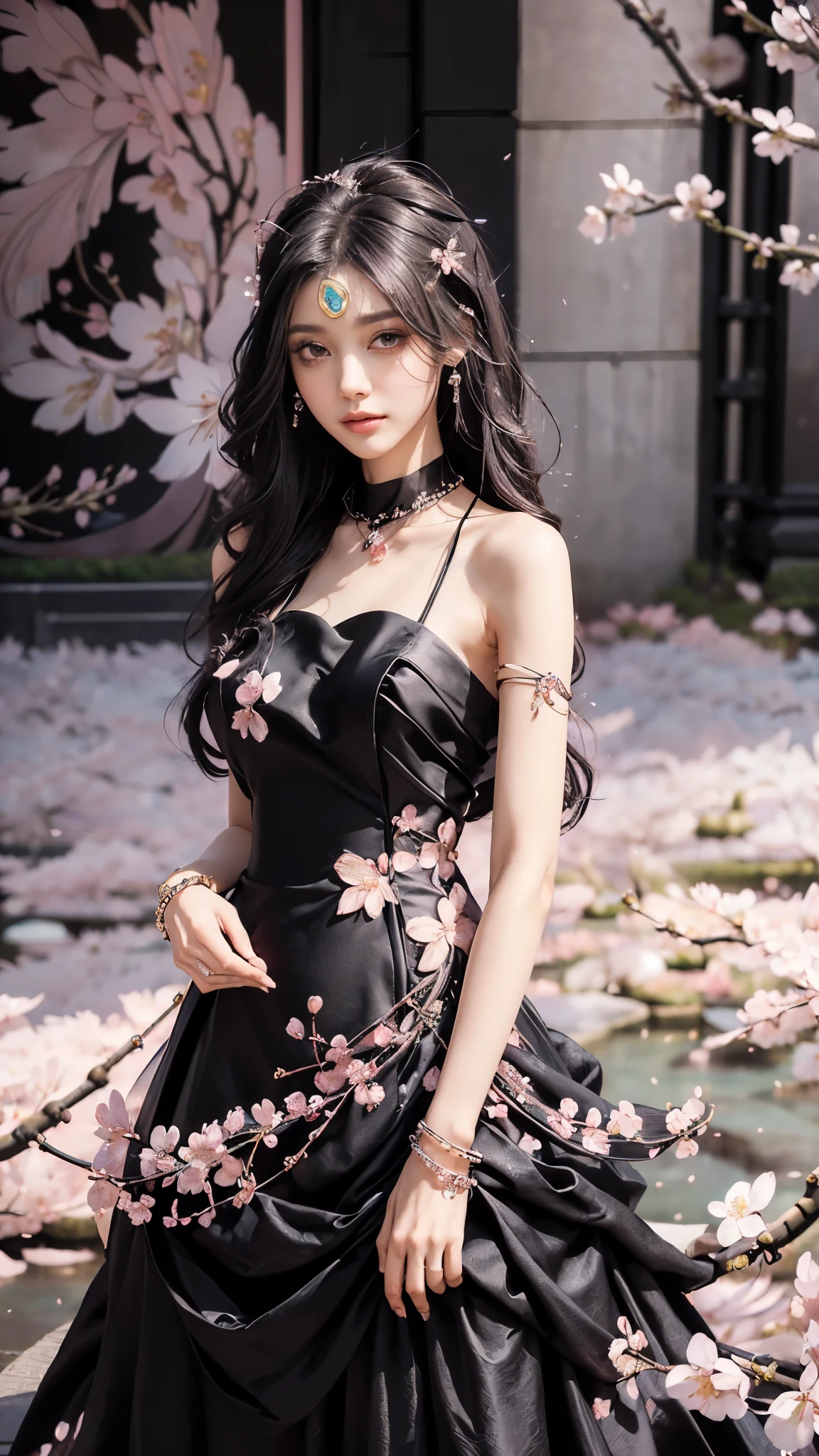 4K, Ultra HD, Masterpiece, 1 girl, (good face:1.4), detailed eyes, very long hair, princess dress, black dress, (wearing jwellery:1.8), (cherry blossom:1.5), (bloom effect:1.5), Detailed Fantasy Art, Stunning Character Art, beautiful Exquisite Character Art, Beautiful (black dress:1.5), Extremely Detailed, Exquisite Intricate Headdress and Jewellery, perfect body,