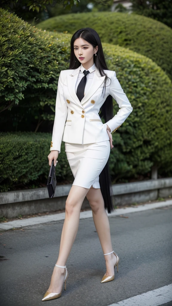 woman, (สาวสวยTwo meter long hair, very long hair, Extra long hair, long black hair), (Italian style suit, white, Two button suit), (Italian Suit, white suit, two-button suti), Two suit buttons, (ใส่สูทwoman, Business woman's suit, white), (ชุดสูทwomanwhite), (เสื้อเชิ้ตwhite), necktie, (necktieสั้นสีดำ, necktieสีดำ, The Skinny Necktie, Knit tie), (Military rank insignia), (short pencil skirtwhite), (dynamic post), full body, (A gigantic rift), (Huge breasts, thin body, small waist, hips raised, small thighs, Long legs), black high heels, (short pencil skirt, white), Wearing a suit for a business woman, (Wearing a white business suit, สูทนักธุรกิจหญิงwhite), (tight, military regalia, เสื้อwhite, กระโปรงwhite), (black shoes), (Two-button gold-colored suit buttons, Two meter long hair, Form-fitting suit, เสื้อสูทwhiteทรงธรรมดารัดรูป), (black high heels, Black pointed toe high heels), (stand, walk, Graceful posture, dynamic post), short suit, earring, garden, Democracy Monument
