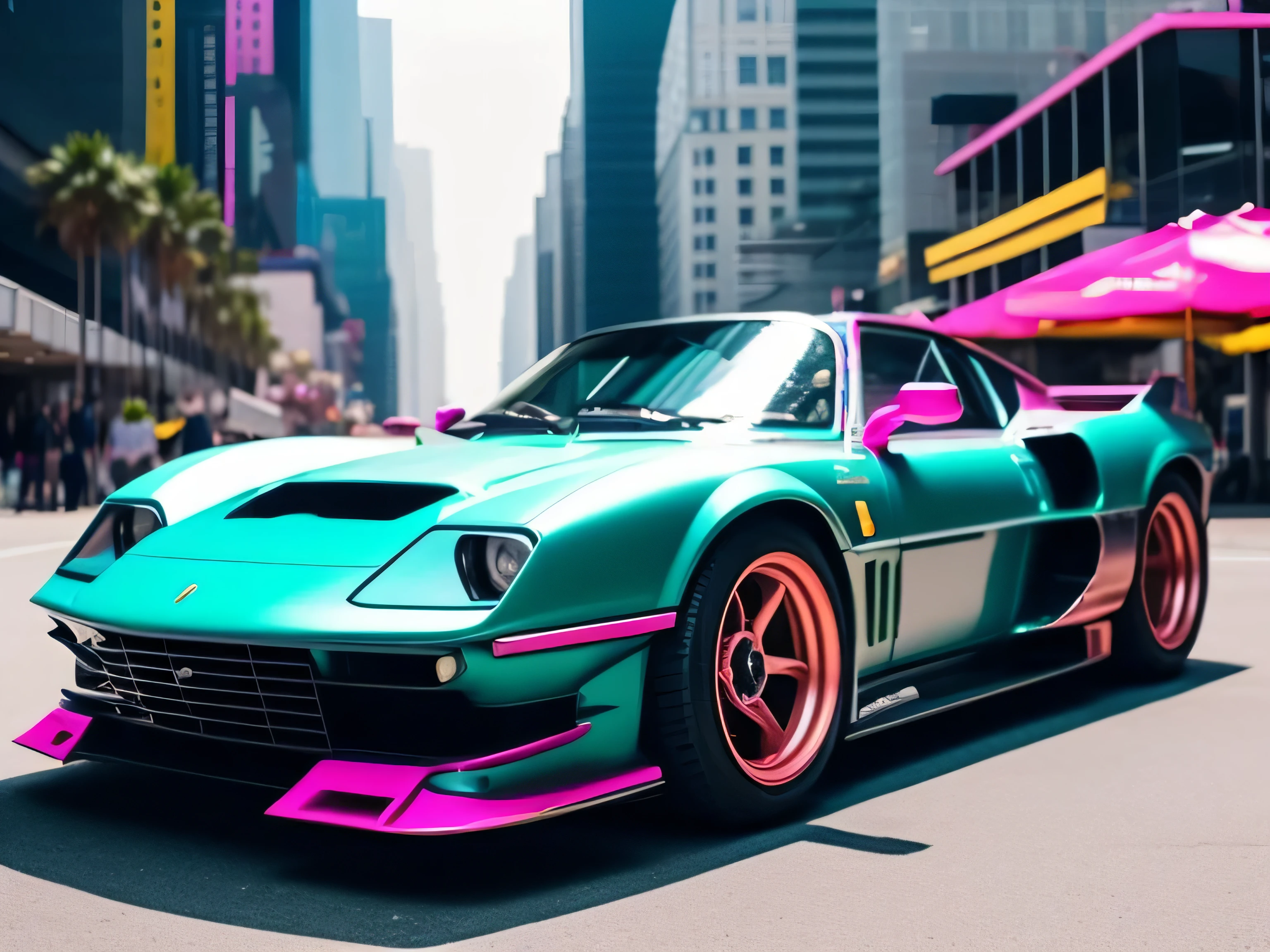 fking_scifi_v2, photo of a pink ((Ferrari:F1:1.5):0.65) car, Cyberpunk theme, Emerald armour plating, Intricate, with orange accents, High Detail, Sharp focus, dramatic