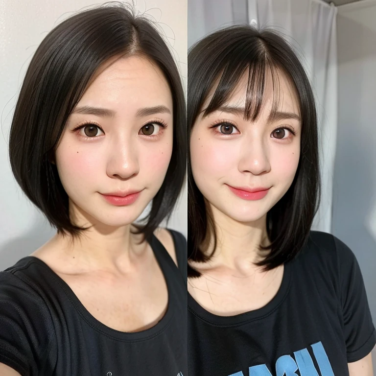 (kawaii 24 year-old Japanese girl, Nogizaka idol, Korean idol), (glossy black hair, messy very short hair, messy pixie cut, symmetric hair length, even length hair edges:1.3), (bangs), (extra rounded face, black eyes, single eyelid, no makeup, soft smiling:1.2), (wearing sky blue t-shirt:1.3), (flat chest, extra small breasts:0.8), (looking at viewer:1.2), BREAK, (simple white background:1.3), (dynamic angle:1.3), BREAK, (masterpiece, best quality, photo realistic, official art:1.4), (UHD, 8K quality wallpaper, high resolution, raw photo, golden ratio:1.2), (shiny skin), professional lighting, physically based rendering, award winning, (perfect anatomy, highly detailed skin, extremely detailed face and eyes), Carl Zeiss 300 mm F/2.8, depth of field, 1girl, solo,