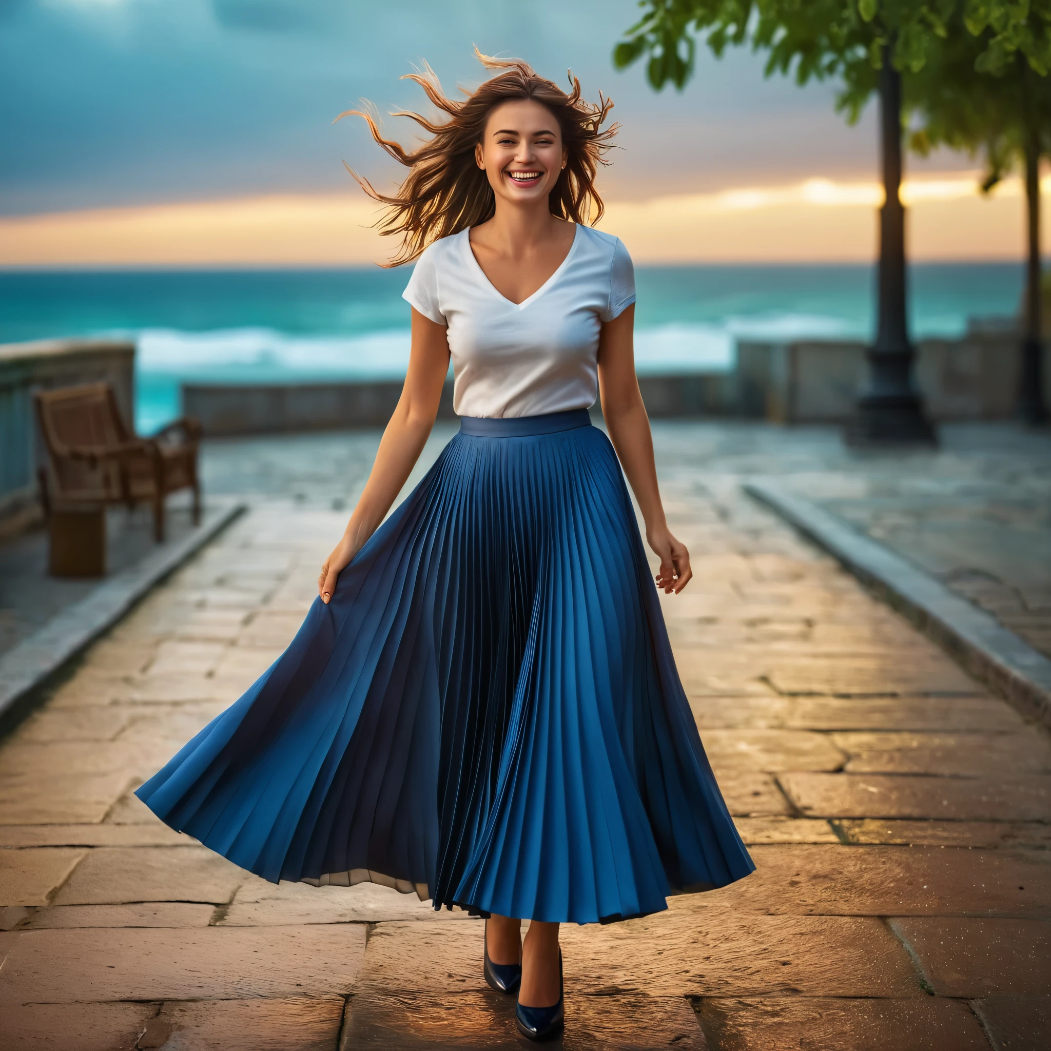 (authentic:1,1) (shy:0,9) (smiling:0,4) woman passionately in love with her skirt, wearing (long (pleated) full circle skirt) and (low heeled office shoes), very intricate hyper-detailed symmetric (attractive graceful feminine face) with (sad, tired eyes and shy smile), large breasts, full of empathy and compassion and love, (pronounced (feminine) features), (highly detailed ultra accurate realistic) hands and fingers, (windy conditions and wind blowing), epic composition, highly detailed attributes, extremely high quality RAW photograph, true romantic love, high-angle shot, cinematic shot, dynamic lighting, 75mm, Technicolor, Panavision, cinemascope, sharp focus, fine details, 8k, HDR, realism, realistic, key visual, film still, superb cinematic color grading, depth of field