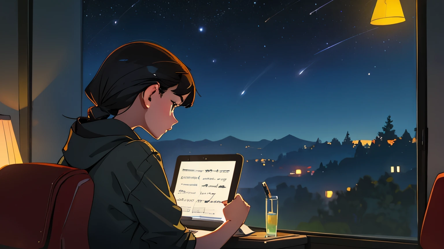 Create a scene of a 25-year-old girl studying and making notes in her notebook, while listening to music with her headphones, in a calm and relaxed environment, with short black hair, seen from behind, looking at the horizon, at night, and by From the window you can see fireflies and a beautiful landscape full of stars
