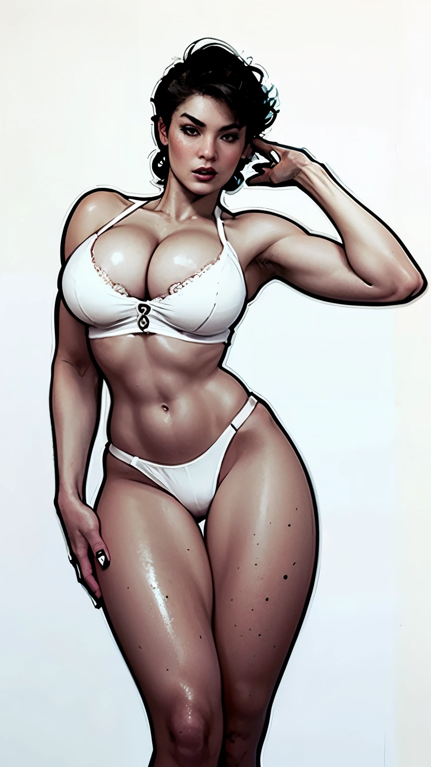 Stefania Ferrario in comic book panel,, full body, bold lineart illustration comic, seductive eyes, parted lips, perfect body, curvy, sexy tan skin, in the style of Artgerm and Adam Hughes, master-piece, beautiful young woman, (pale white skin:1.2), freckles, blush, (short black hair: 1.2), blue eyes, red lipstick, dark eyeliner, looking at the viewer, big breasts, tight waist, wearing beautiful and sexy white lingerie with red lace, big hips, round ass , cute, eyelashes, character concept art of a beautiful woman leaning, cleavage, extremely sexy, seductive, comic book art, rough colored sketch, looking at the viewer, simple background, black background