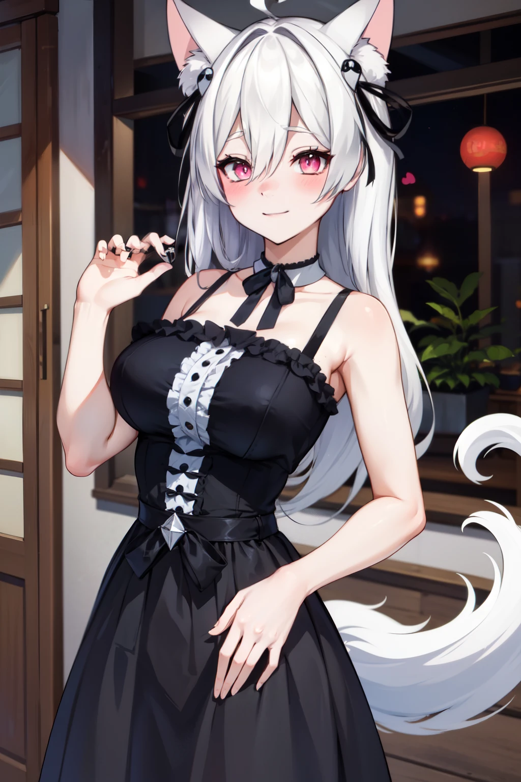 (masterpiece, best quality), PookyBooVT, pink eyes, white hair, long hair, hair between eyes, ahoge, cat ears, ornament hair, black dress, bare shoulders, sleeveless, skirt, black ribbon on waist, standing, dynamic pose, looking at viewer, naughty face, nose blush, indoors