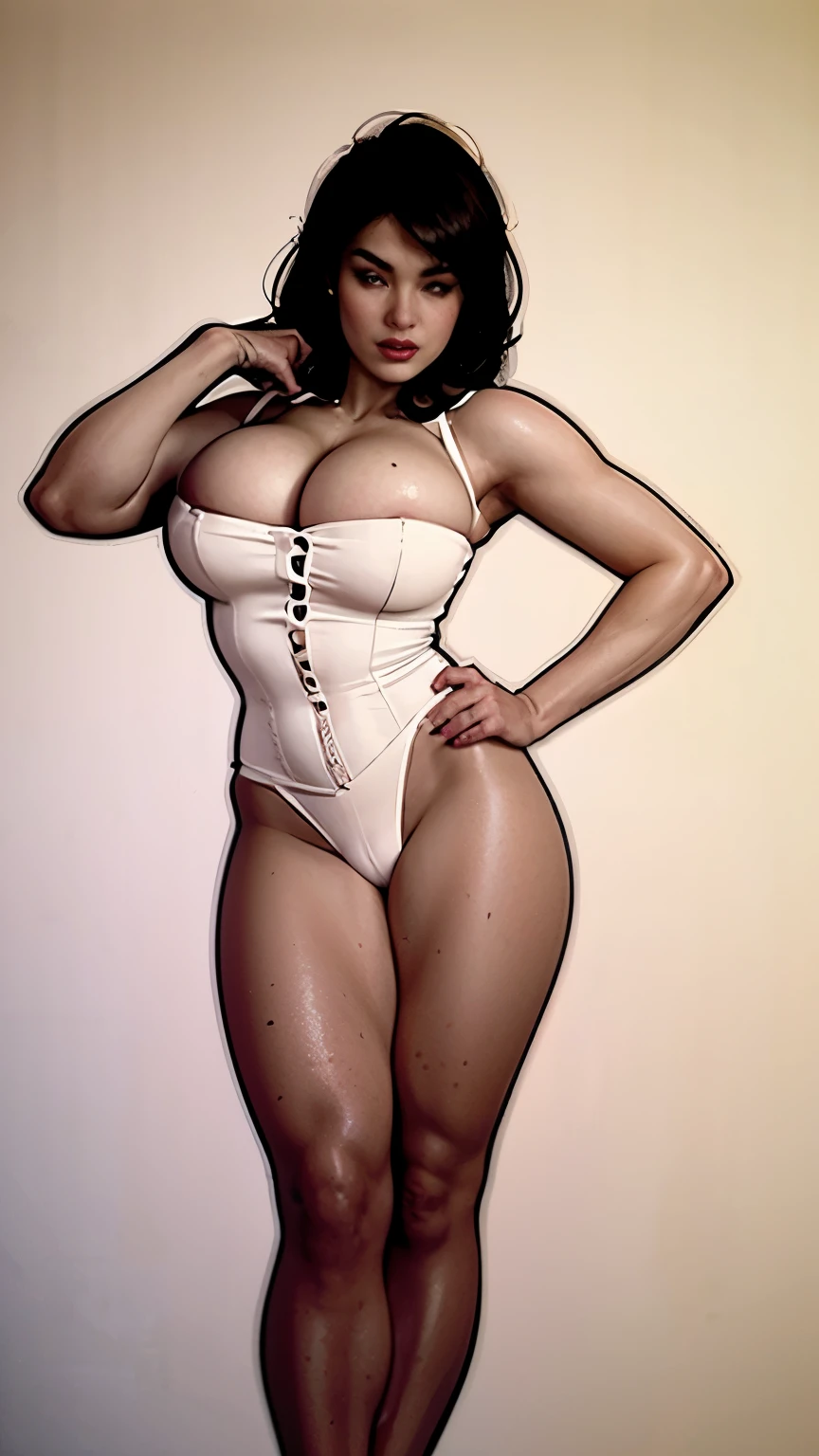 Stefania Ferrario in comic book panel,, full body, bold lineart illustration comic, seductive eyes, parted lips, perfect body, curvy, sexy tan skin, in the style of Artgerm and Adam Hughes, master-piece, beautiful young woman, (pale white skin:1.2), freckles, blush, (short black hair: 1.2), blue eyes, red lipstick, dark eyeliner, looking at the viewer, big breasts, tight waist, wearing beautiful and sexy white lingerie with red lace, big hips, round ass , cute, eyelashes, character concept art of a beautiful woman leaning, cleavage, extremely sexy, seductive, comic book art, rough colored sketch, looking at the viewer, simple background, black background