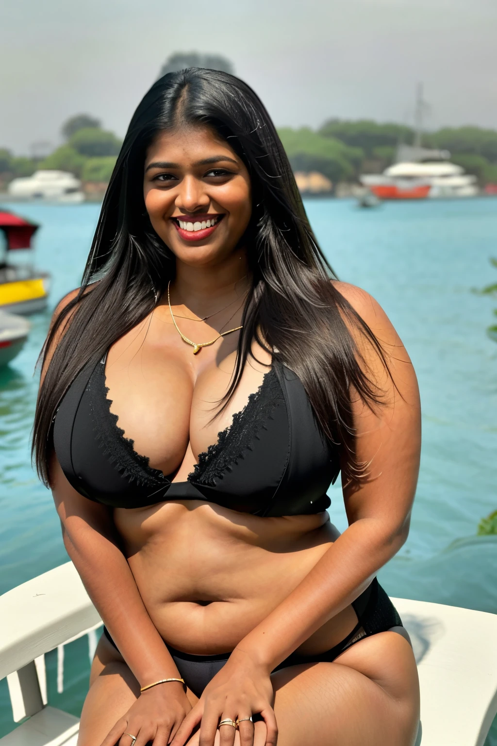 (best quality, masterpiece, hyper-realistic) Pooja Thakur wearing black bikini, chubby, curvy, An Indian beauty, charismatic, dark-skin, view the viewer, naughty smile, on a yacht, bokeh (detailed facial features, both eyes same)