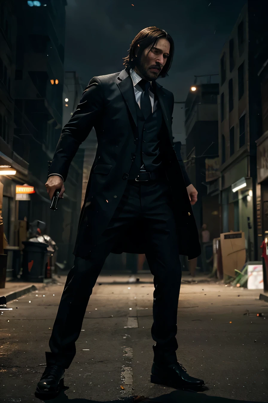 John Wick swiftly dodges bullets in a chaotic gunfight, his movements fluid and precise.
