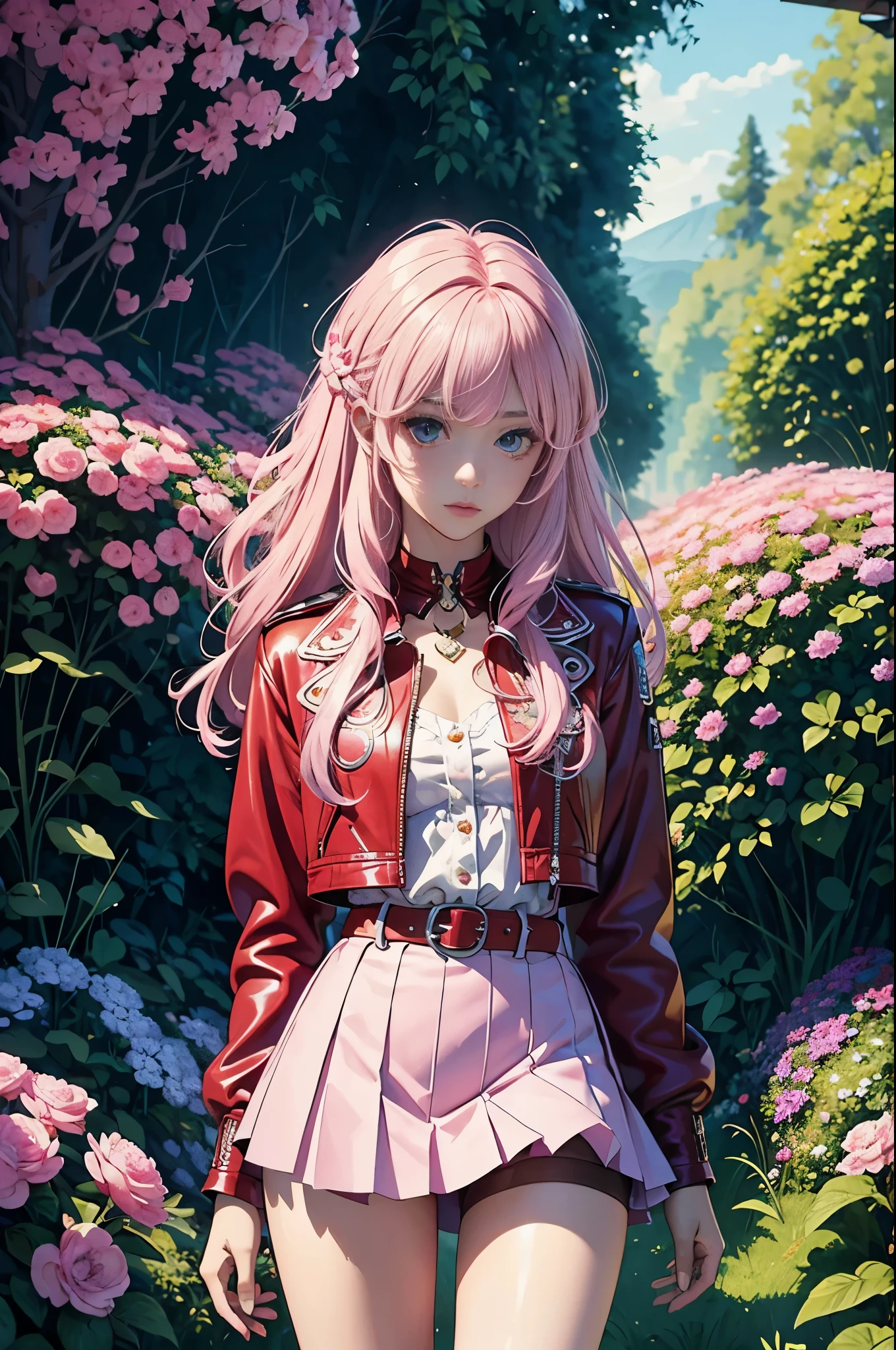 Pink,Vibrant colors,(masterpiece),(((top quality))),(((Super detailed information)),(Surreal),(Highly detailed CG illustrations),Official Official Art,midsummer,Fashion, Honor, 1980, brutal beauty, gorgeous, gorgeous colorful hair, rock music, rock music, leather jackets, mini skirts, the only perfect angle of women, perfect composition, perfect composition,