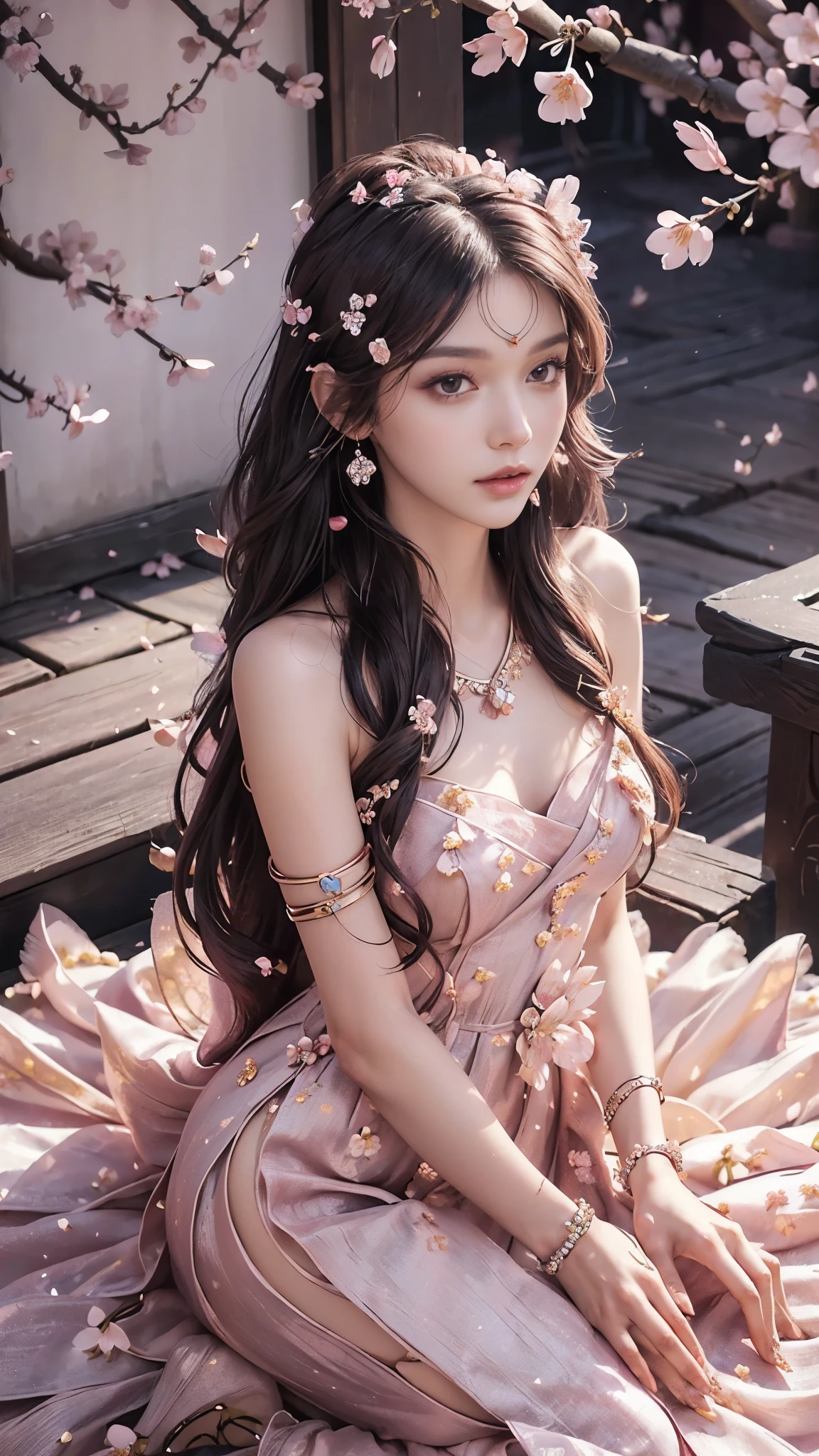 4K, Ultra HD, Masterpiece, 1 girl, (good face:1.4), detailed eyes, very long hair, (princess dress:1.5), black dress, (wearing jwellery:1.8), (cherry blossom:1.5), (bloom effect:1.5), Detailed Fantasy Art, Stunning Character Art, beautiful Exquisite Character Art, Beautiful, Extremely Detailed, Exquisite Intricate Headdress and Jewellery, perfect body,