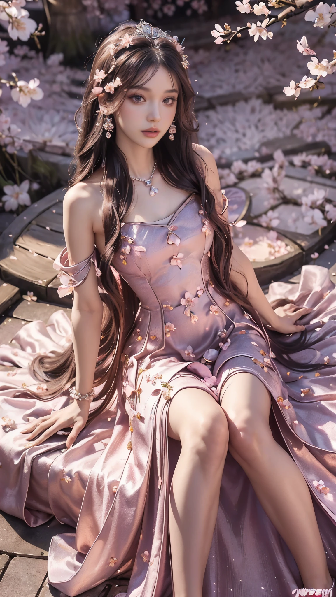 4K, Ultra HD, Masterpiece, 1 girl, (good face:1.4), detailed eyes, very long hair, (princess dress:1.5), black dress, (wearing jwellery:1.8), (cherry blossom:1.5), (bloom effect:1.5), Detailed Fantasy Art, Stunning Character Art, beautiful Exquisite Character Art, Beautiful, Extremely Detailed, Exquisite Intricate Headdress and Jewellery, perfect body,