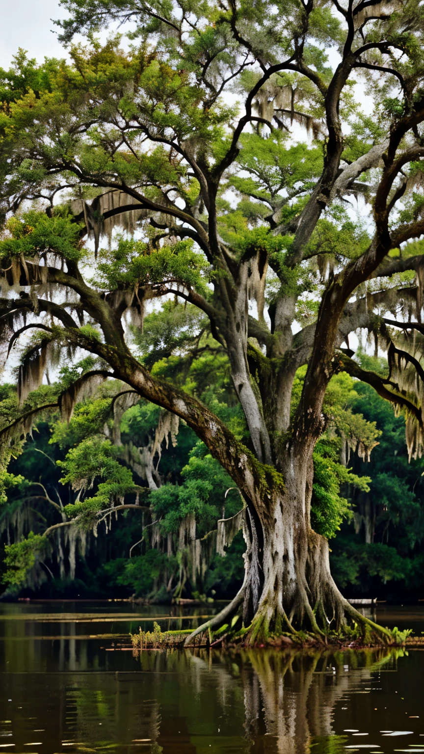 Dead tree in a swamp covered with Spanish moss.