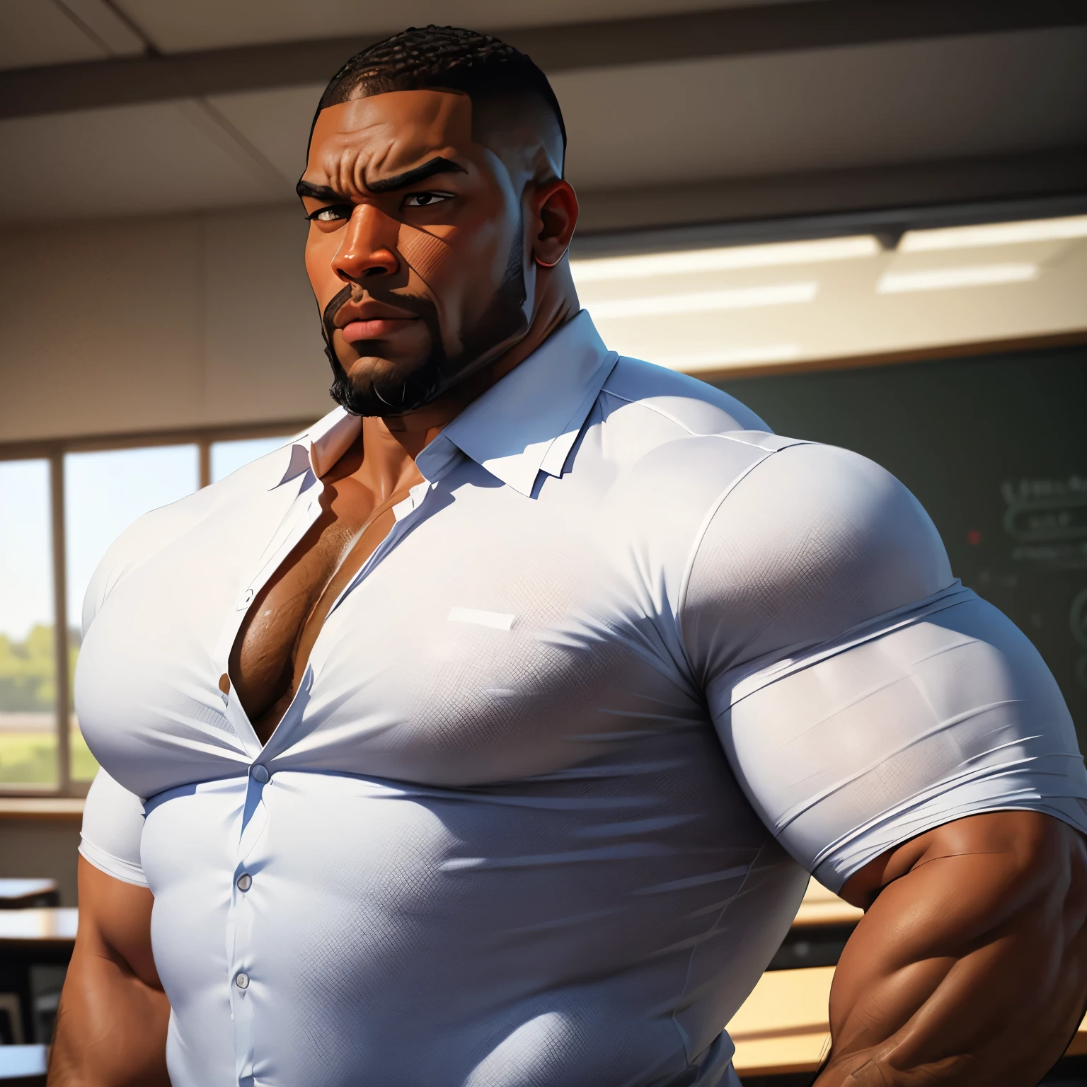 an exaggeratedly muscular and large bodyguard, (viewed from behind: 1.1), beefy build, big ass, beard, dark-skinned african american male, buzzcut hair with square line, (worried expression: 1.2), (wearing white business casual shirt: 1.2), barely buttoned, school logo on shirt, (bara pecs: 1.3), (arm and chest hair: 1.1), close-up portrait HD, (cowboy shot), dutch angle, (classroom)