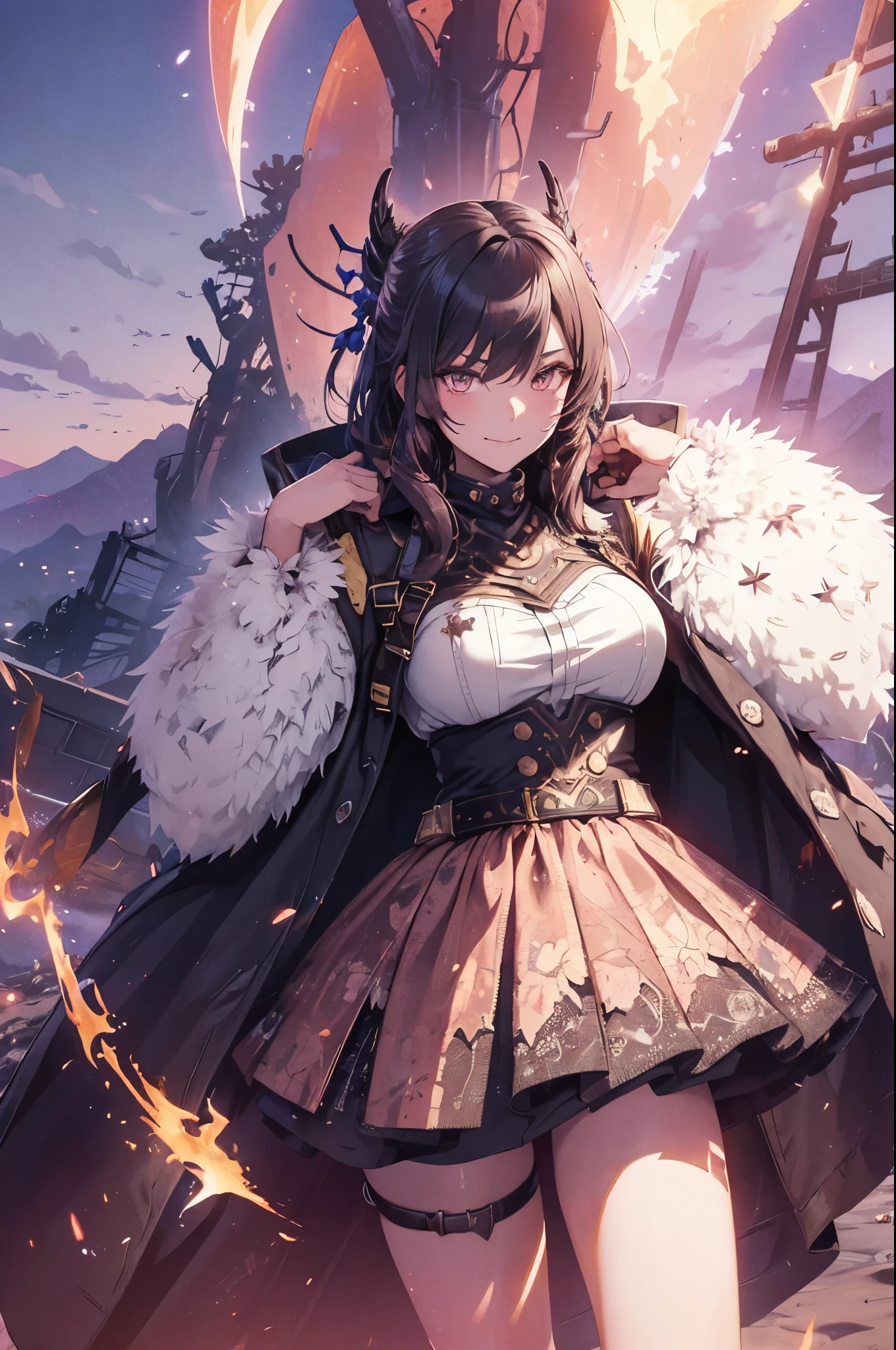 (masterwork, peak quality, hyper-detailed, pristine:1.3), dynamic scavenger's visage, 1female, (cunning wit, rebellious spirit:1.3) a charismatic rogue of the Mojave, full-body rendition, attire eclectic with trophies from past victories, signature survivor art, (sunkissed resilience, battle-scarred elegance:0.6), eyes a piercing bright blue, alive with a mischievous glint against the harsh desert backdrop, casting bold shadows that tell of her daring exploits, her duster coat etched with tales of survival, posture relaxed yet confidently alert, a smirk playing on her lips as she faces the wasteland's chaos with unyielding optimism and a fearless heart.
