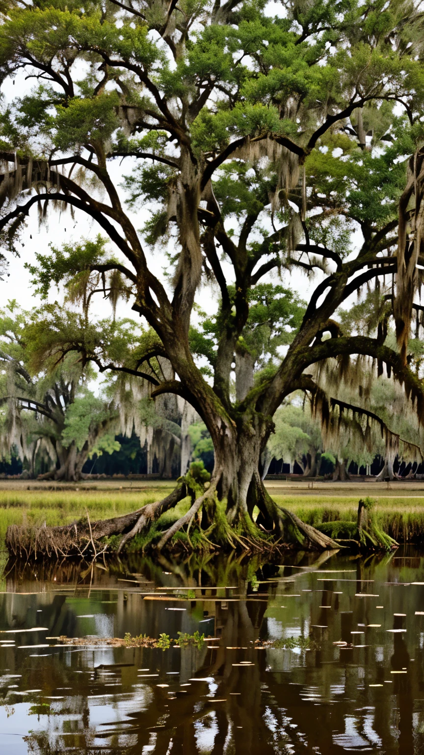 Dead tree in a swamp covered with Spanish moss.